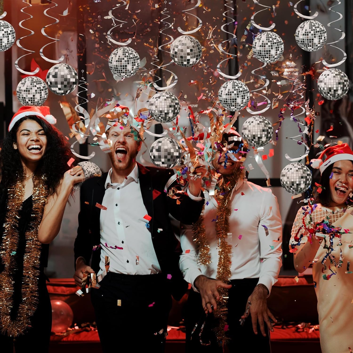 Guirlande de Décoration Disco, 2 Bannières de Boules à Paillettes Argentées+6 Spirales Suspendues, Guirlande de Décoration Disco Spirales, Décoration de Plafond de Fête Style Années 70, 80 et 90