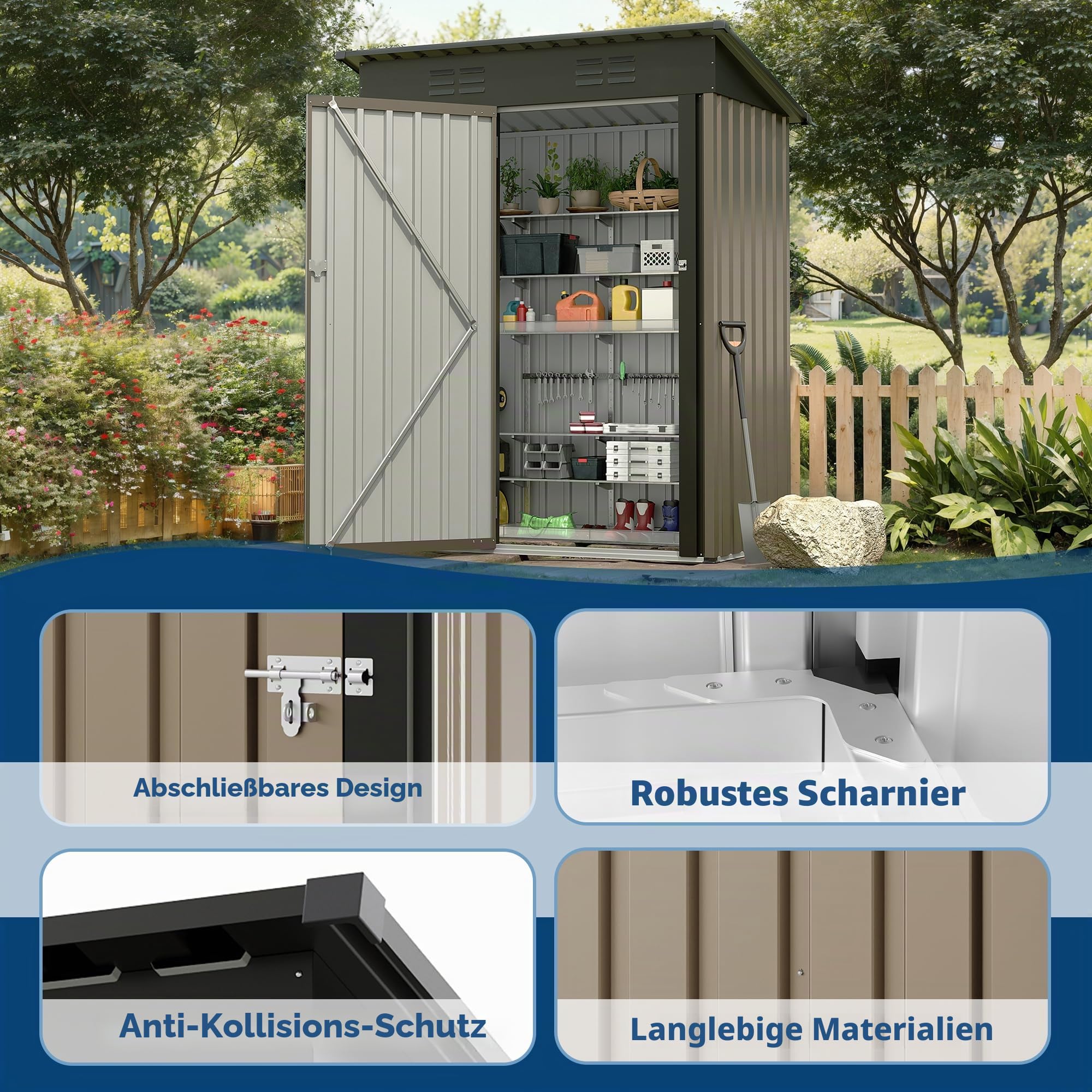 Kompaktes Metall Gerätehaus mit Abschließbarer Einzeltür & Schrägem Dach – Wetterfester Outdoor Stauraum, Platzsparend für Werkzeuge & Geräte – 152 x 91 x 183 cm, Braun