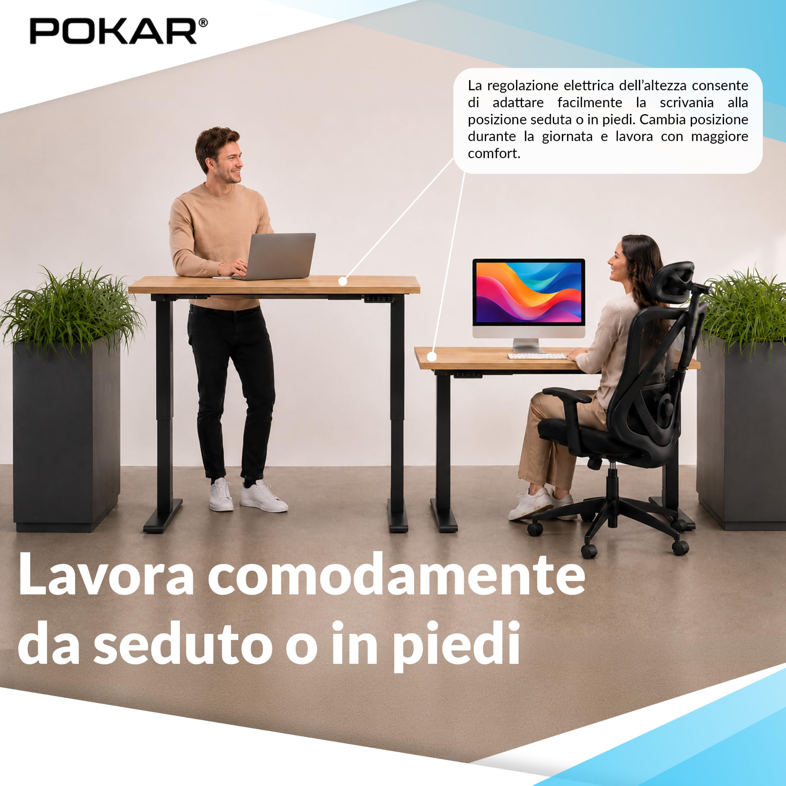 POKAR Scrivania Regolabile in Altezza Elettrica 160x80 cm | Piano Massiccio 25mm | Pannello Memory, USB-C e USB-A | Scrivania Motorizzata per Smart Working | Telaio Nero, Piano Quercia Craft Oro