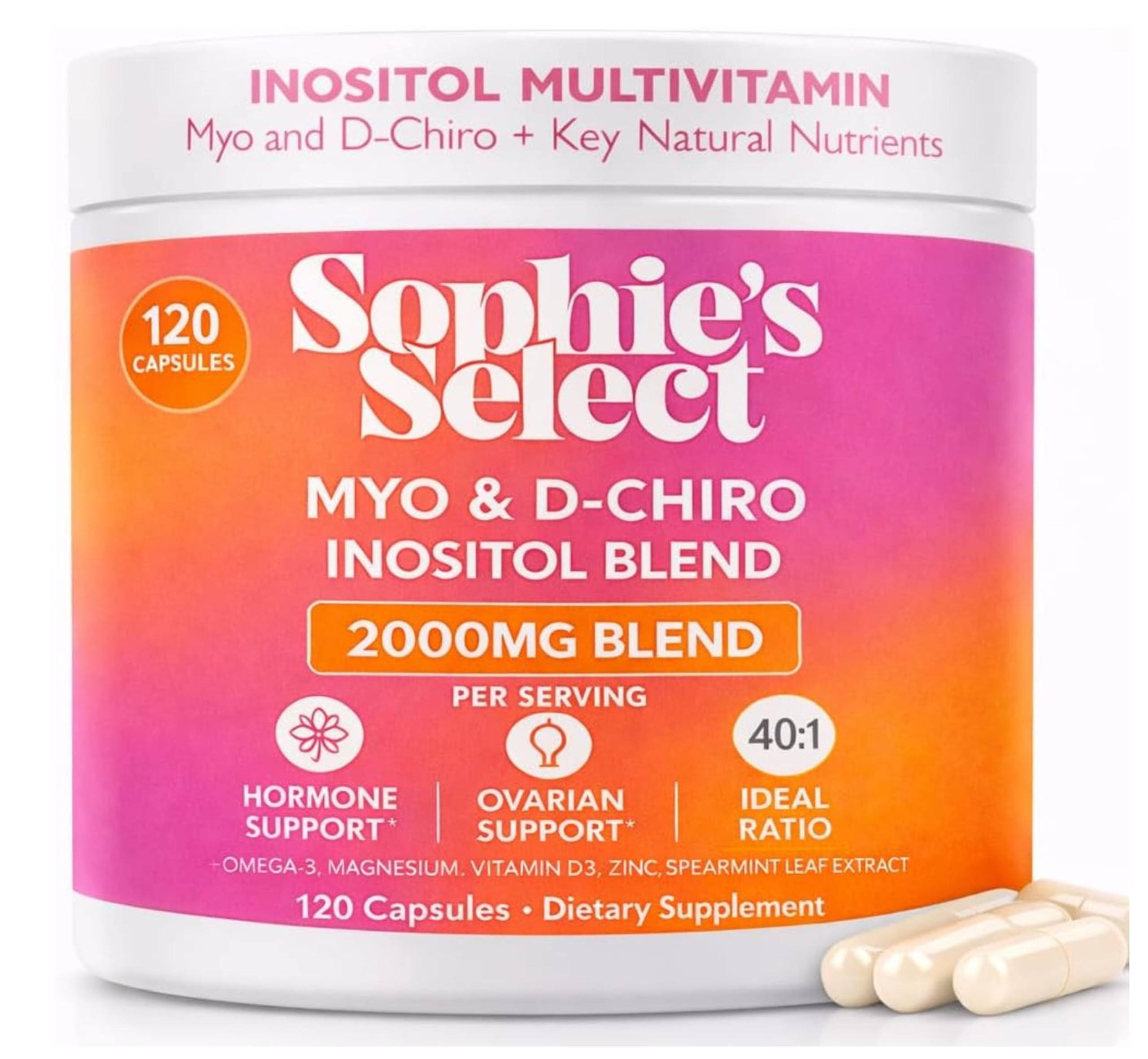 Sophie's Select Suplemento de Inositol Myo-Inositol 2000 mg e D-Chiro Inositol 50 mg, 120 cápsulas