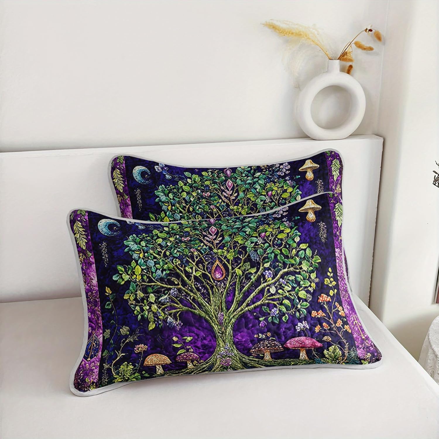 Bohemian Tree of Life Mushroom Quilt Bedding Set King Size for Girls and Kids,Green Tree Bed Cover King Size for Boys,Purple Floral Bedspread Sets Bedding Mystic Forest Bedroom Decor