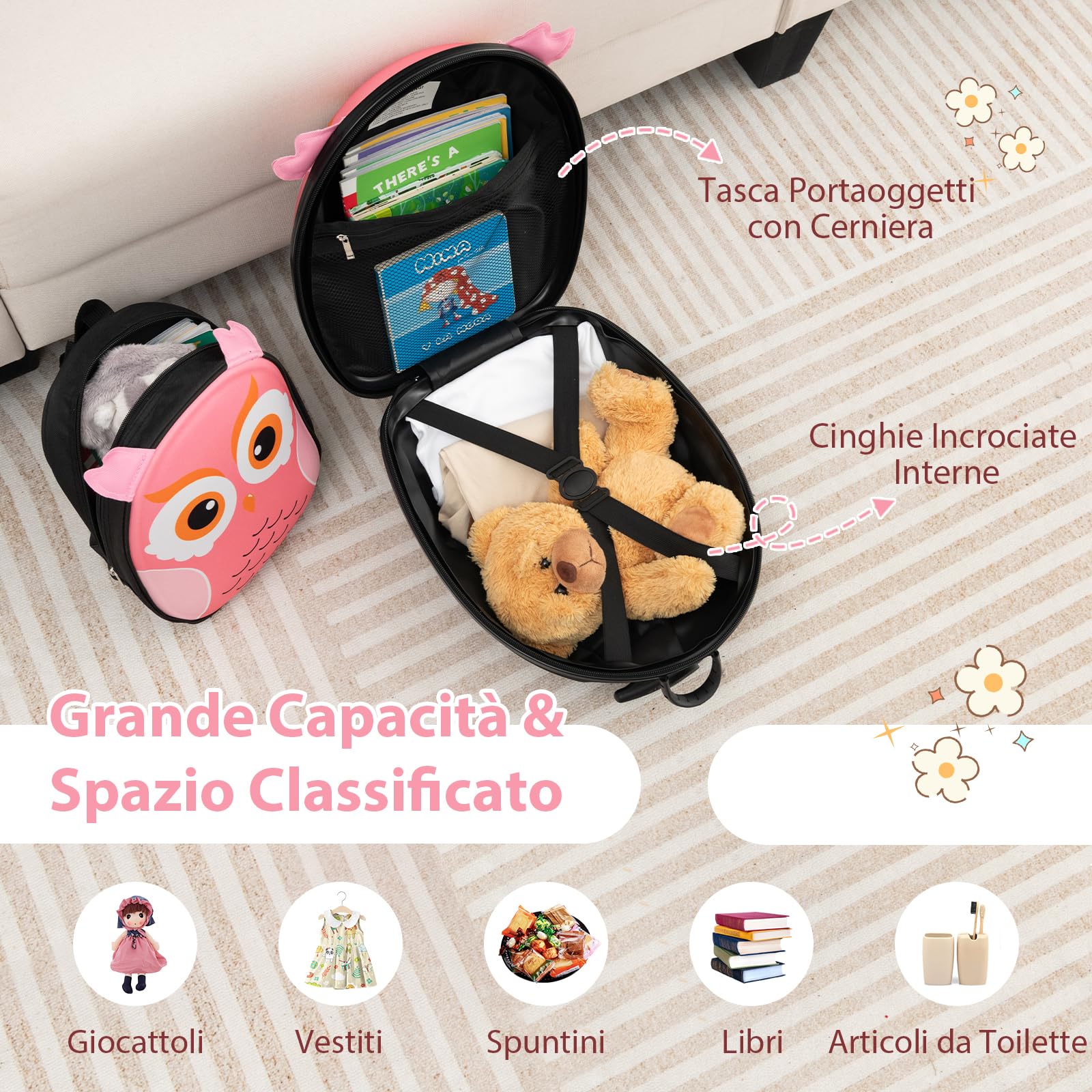 RELAX4LIFE Set 16''+12'' di Valigie per Bambini 2 in 1, 2 Pezzi, Trolly 16''+Zaino 12'', con Ruote Girevoli, Maniglia Retrattile, Zaino con Piedini in Plastica (Gufo)
