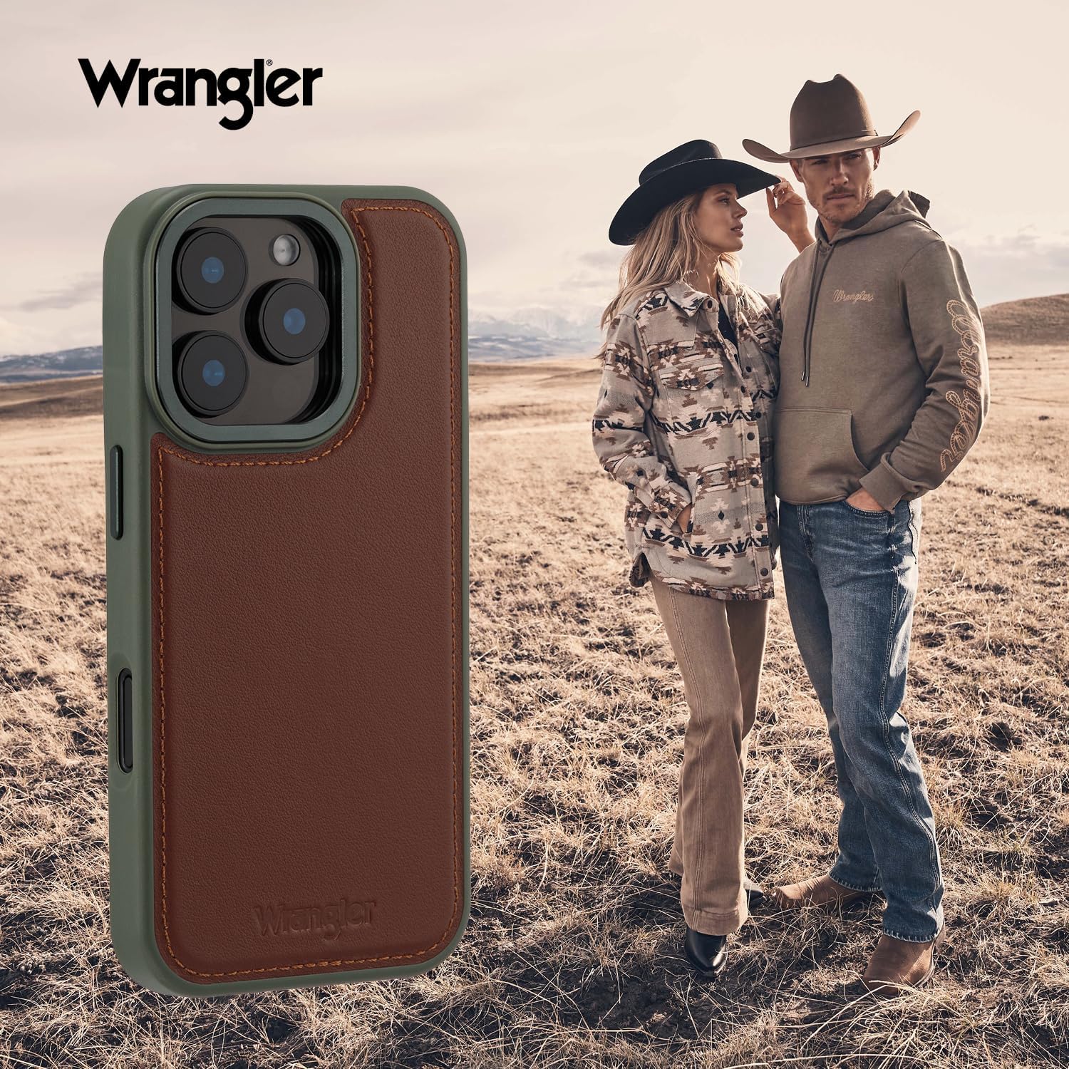 Wrangler® Heritage Inlay Leather Phone Case, Military Green Edge, Compatible with iPhone (Brown, 16 Pro)