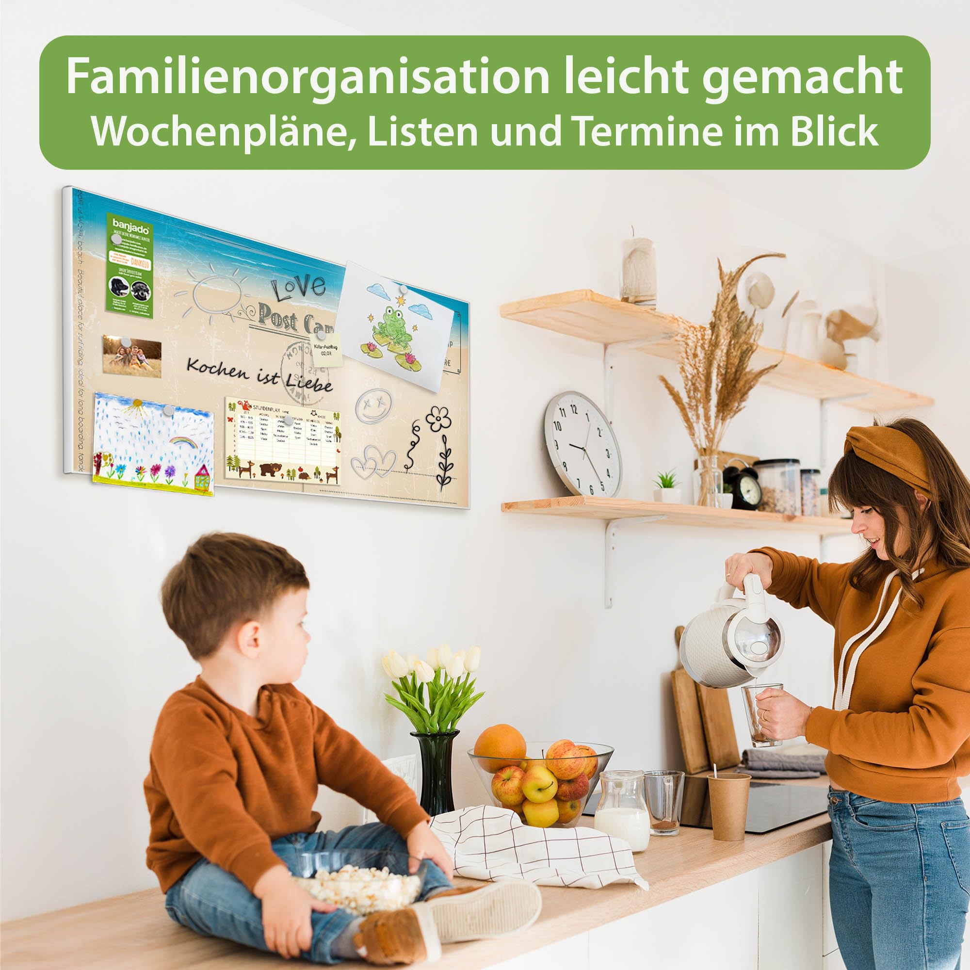 banjado Magnettafel Metall 78 x 37cm - beschreibbare Magnettafel - Metall Pinnwand als Memoboard - Magnetwand Küche, Büro, Kinderzimmer Weiß inkl. 4 Magnete & Montageset - Motiv Postkarte