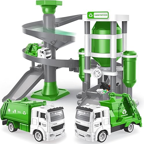 Juguete de garaje para automóvil pistas de coche para niños con 2 camiones de reciclaje, 21 piezas de juguete para niños con rampa de rescate con