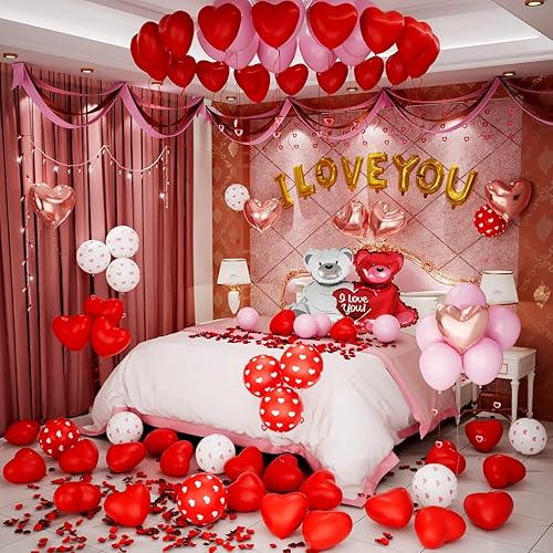 Kit de globos de San Valentín con globos con texto en inglés "I Love You", globo de corazón, globo de oso, globos rosados, 1000 pétalos de rosa para