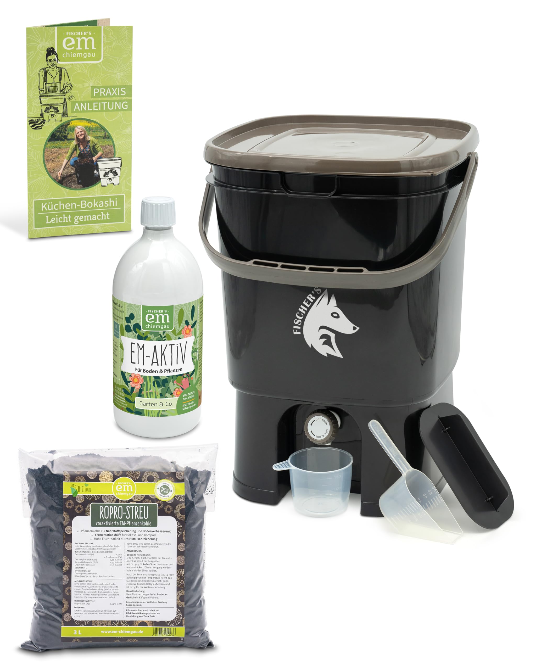 FairFox Bokashi Komposteimer Küche Set [Geruchsdicht] Küchenabfalleimer, Komposter mit Zubehör 1 L EM + 1 Kg Pflanzenkohle + Anleitung für Küchenabfall & Kompostieren