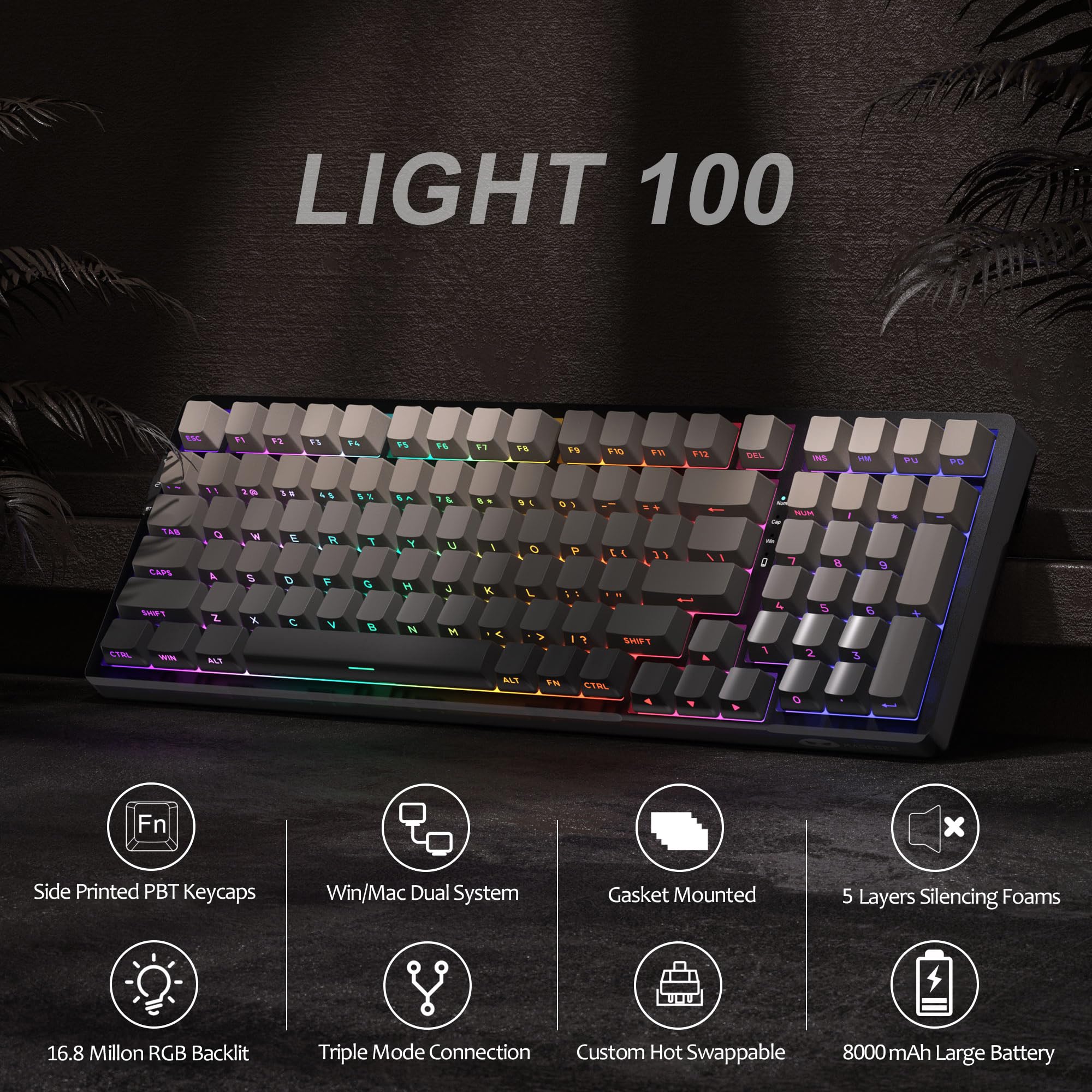 MageGee Tastiera Meccanica Gaming | 8000mAh 2,4 GHz/Bluetooth/USB-C RGB, Anti-ghosting, Tastiera Retroilluminata LED RGB Per PC, Computer, Laptop, Mac (Grigia - 8000mAh)