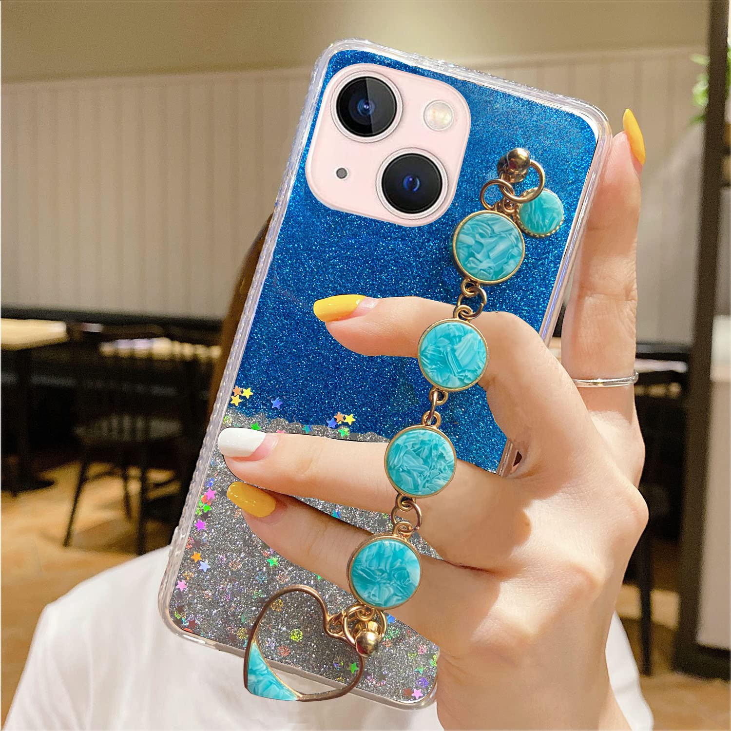 KC Back Cover for Apple iPhone 13, Epoxy Dry Fixed Non Movable Glitters Stars with Round Marble Bracelet Holder Soft Silicone Back Case (Blue) (B0B8NY35X4) Amazon Price History, Amazon Price Tracker