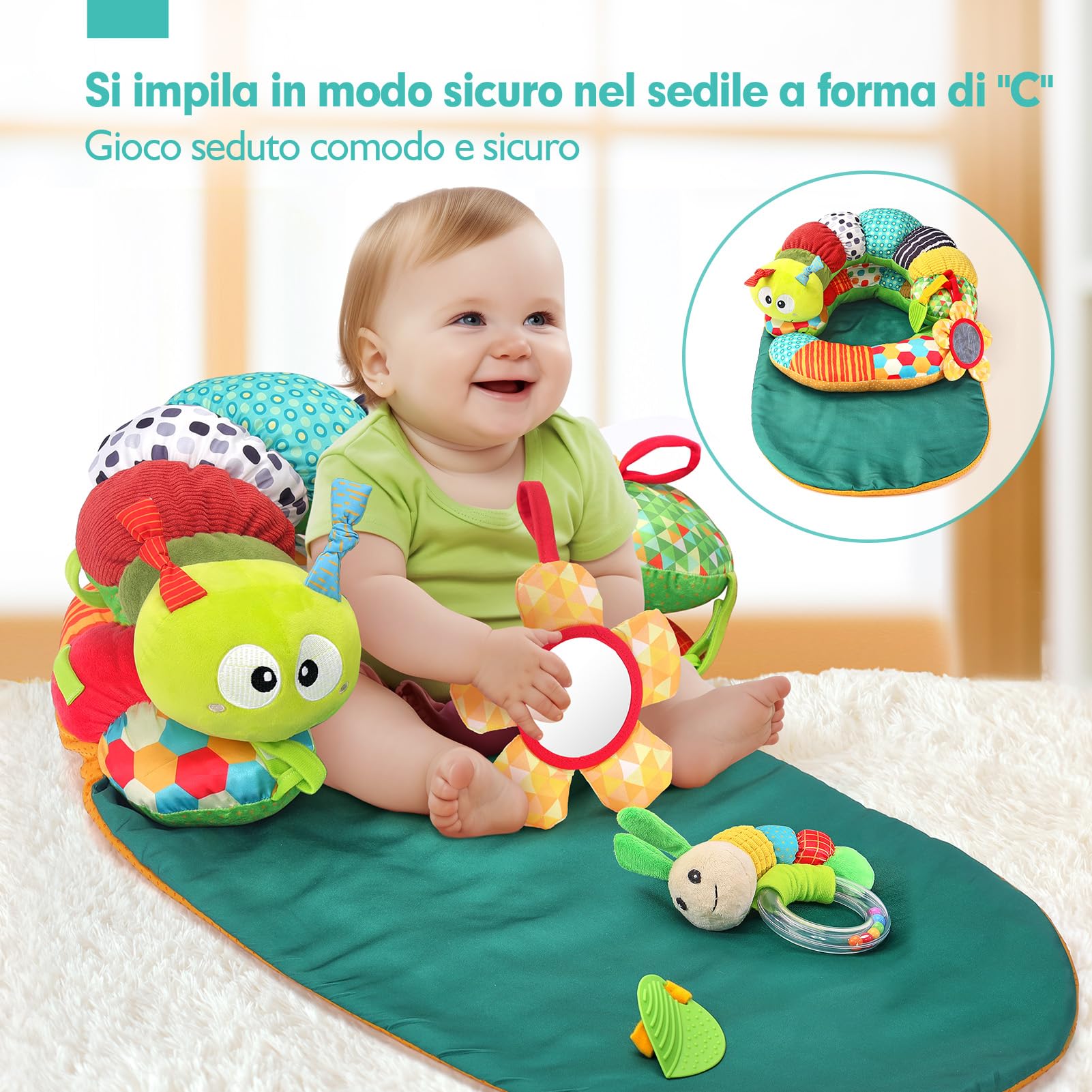 hahaland 4 in 1 Tummy Time & Supporto Seduto & Tappetino Bruco & Palestrina Neonato, Giochi Neonato per 0-6 Mesi con Specchio e Sonaglino, Giocattolo Sensoriale per Neonati, per Sviluppo Precoce