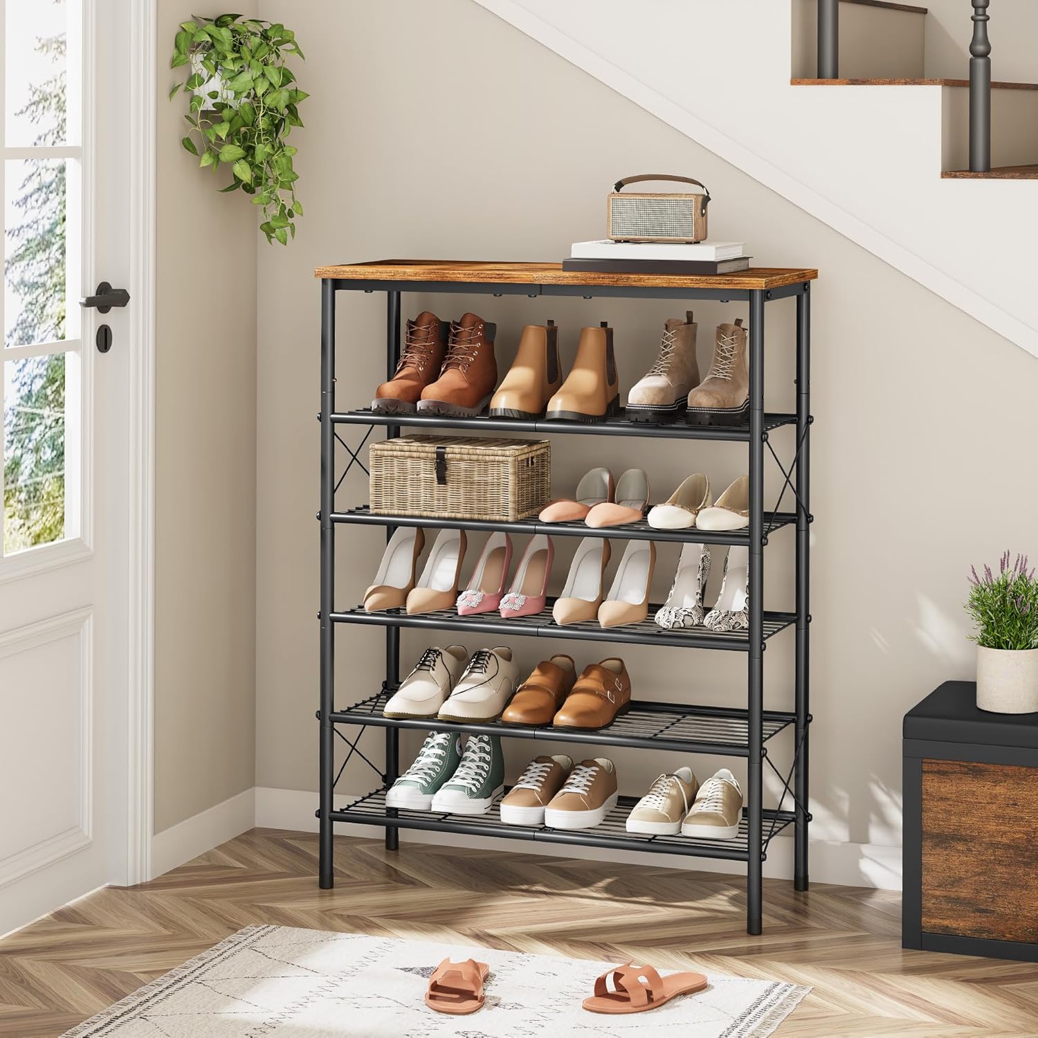 Tajsoon 6 Tier Free Standing Shoe Rack for 20-24 Pairs, X Shape Fixed Frame Metal Mesh Shoe Rack for Closet, Rustic Brown & Black