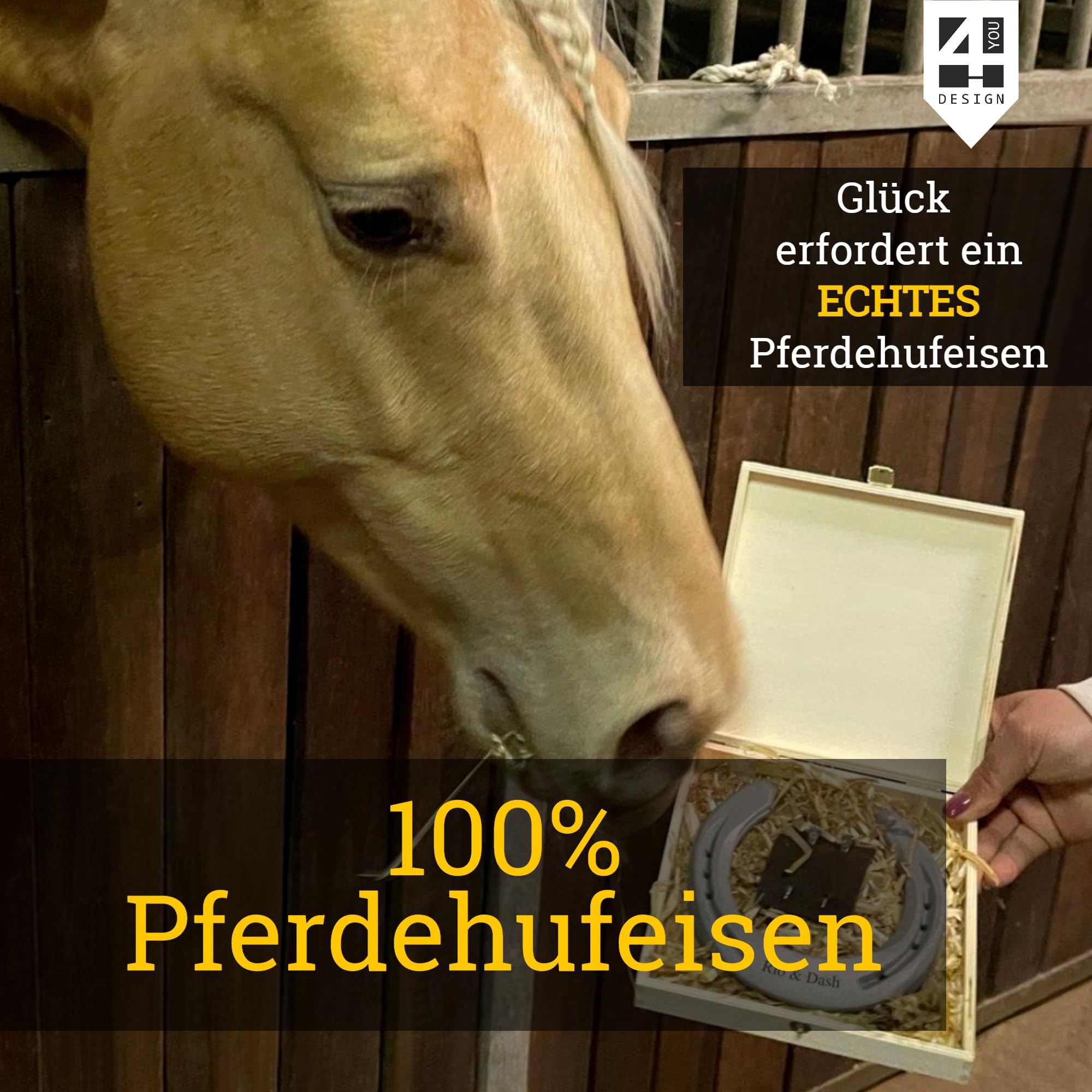 4youDesign Echtes Hufeisen in Holz-Geschenkschachtel Gute Besserung mit Gravur – 2 Hufeisennägel zum befestigen – Geschenk kranke Freunde, Familie – Glücksbringer - 17x17x3,5cm