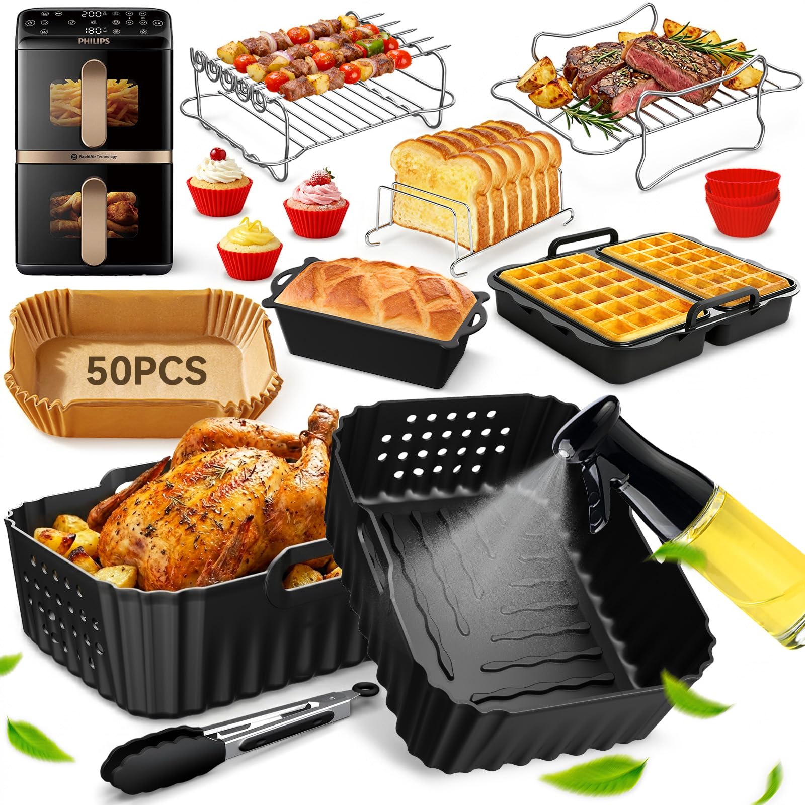 Airfryer Zubehör für Philips Airfryer 4000 Series Stacked Dual Basket 10L, Heißluftfritteuse Zubehör für Philips NA460/NA462, Silikonform Heißluftfritteuse mit Grillrost, Waffelform, Brotbackform