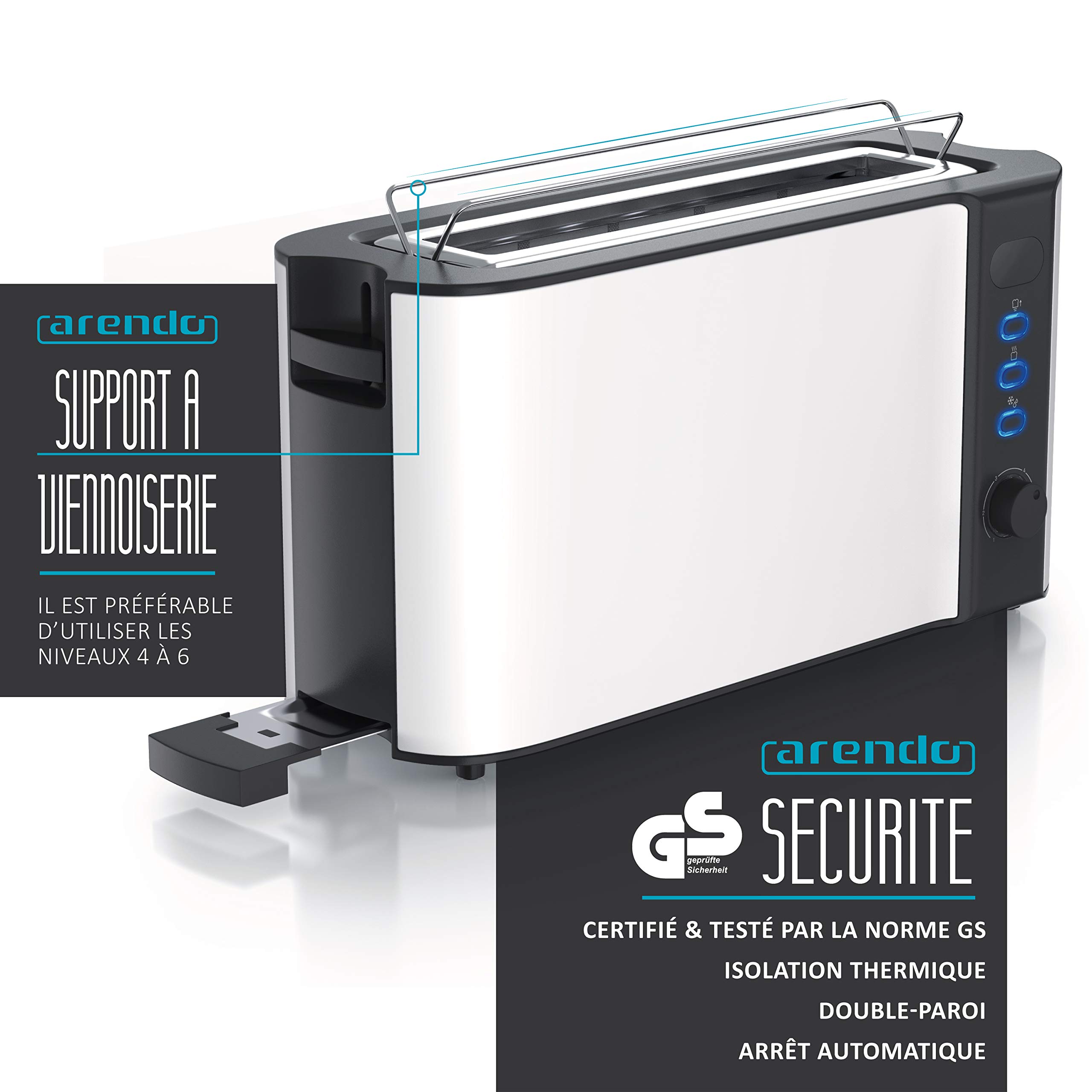 Arendo - Grille-Pain Longue fente affichage digital, Grille-pain automatique 3 en 1-1000W 6 niveaux réglable, fonction décongélation, réchauffe viennoiseries plateau à miettes,Toaster blanc mat