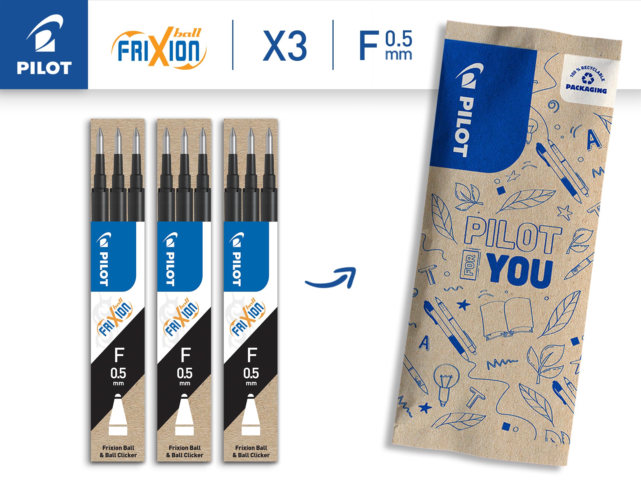 PILOT - Lot de 3 Étuis de 3 Recharges FriXion - Recharges Stylos Effaçables - Compatibles FriXion Ball et FriXion Ball Clicker - Noir - Pointe Fine