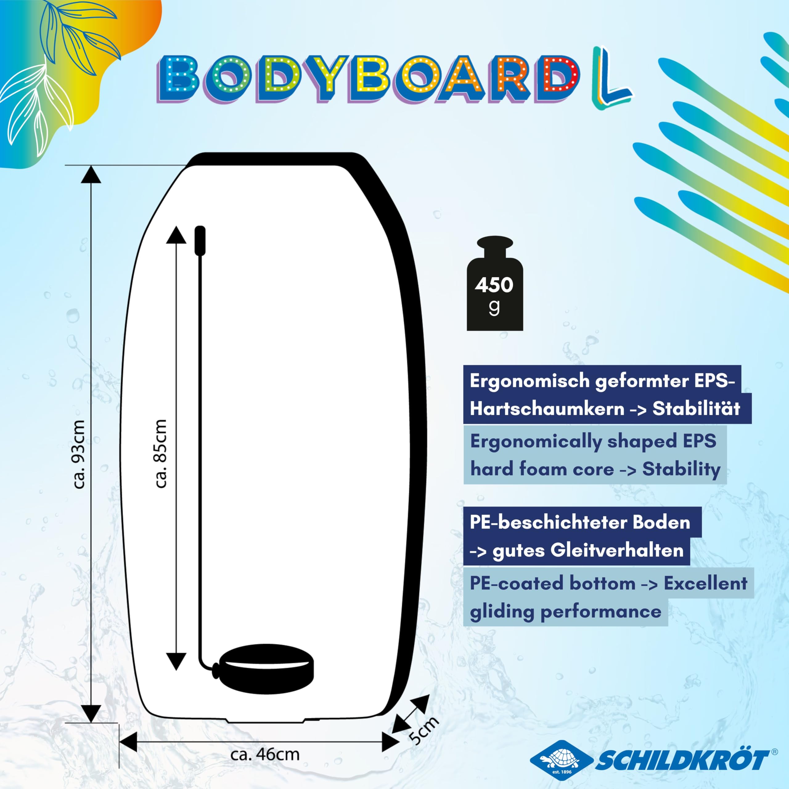 Schildkröt Bodyboard L, Rivestimento in Nylon e Schiuma EPS, Include Cinghia di Sicurezza per Fissaggio a Mano o Piede, Peso Massimo: 75 kg, 970320