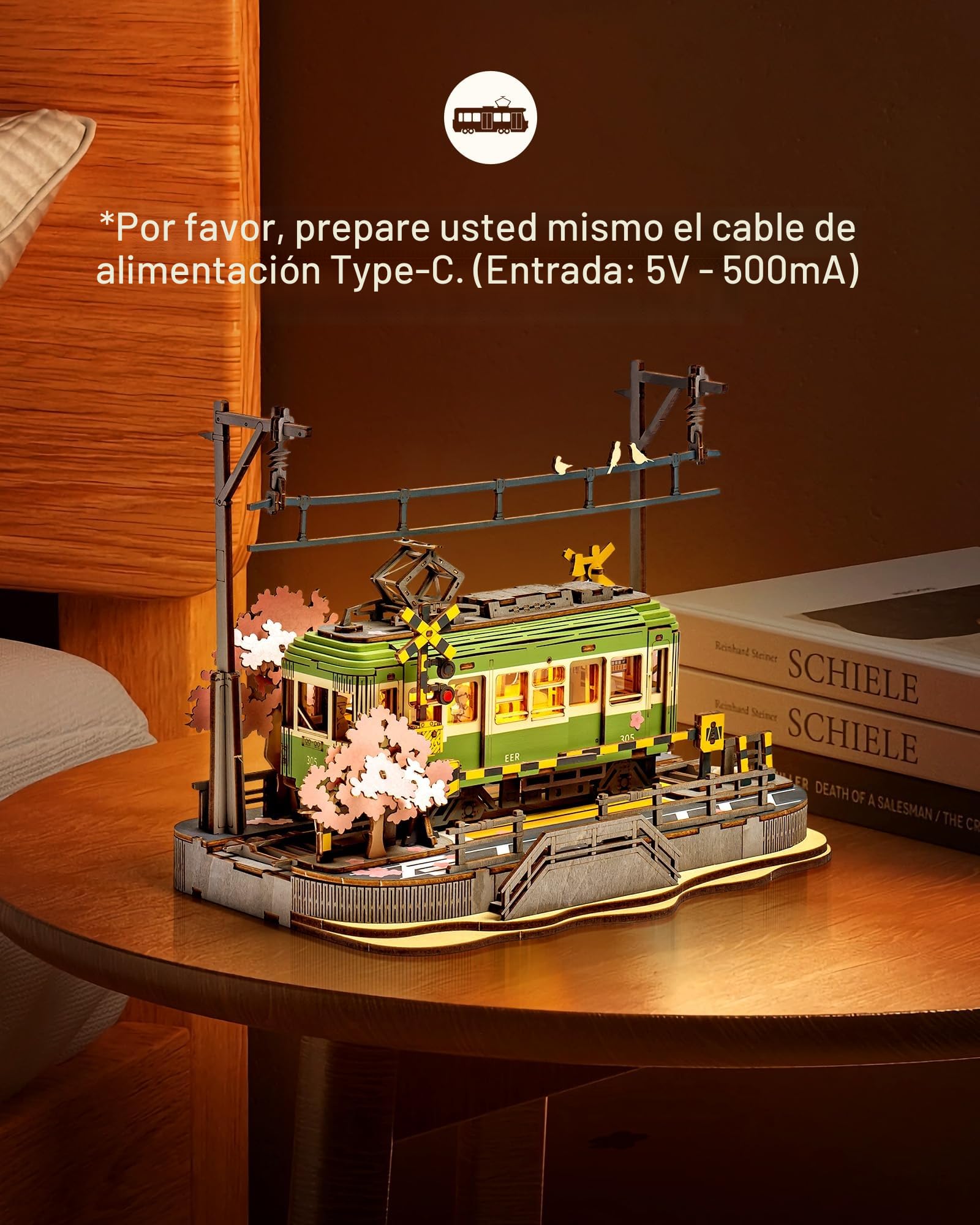 ROBOTIME Puzzle 3D Madera Tranvía Sakura con Luces LED, Maquetas para Construir Adultos, Manualidades Decoración del Hogar, Regalo para Adultos, Mujeres y Niñas