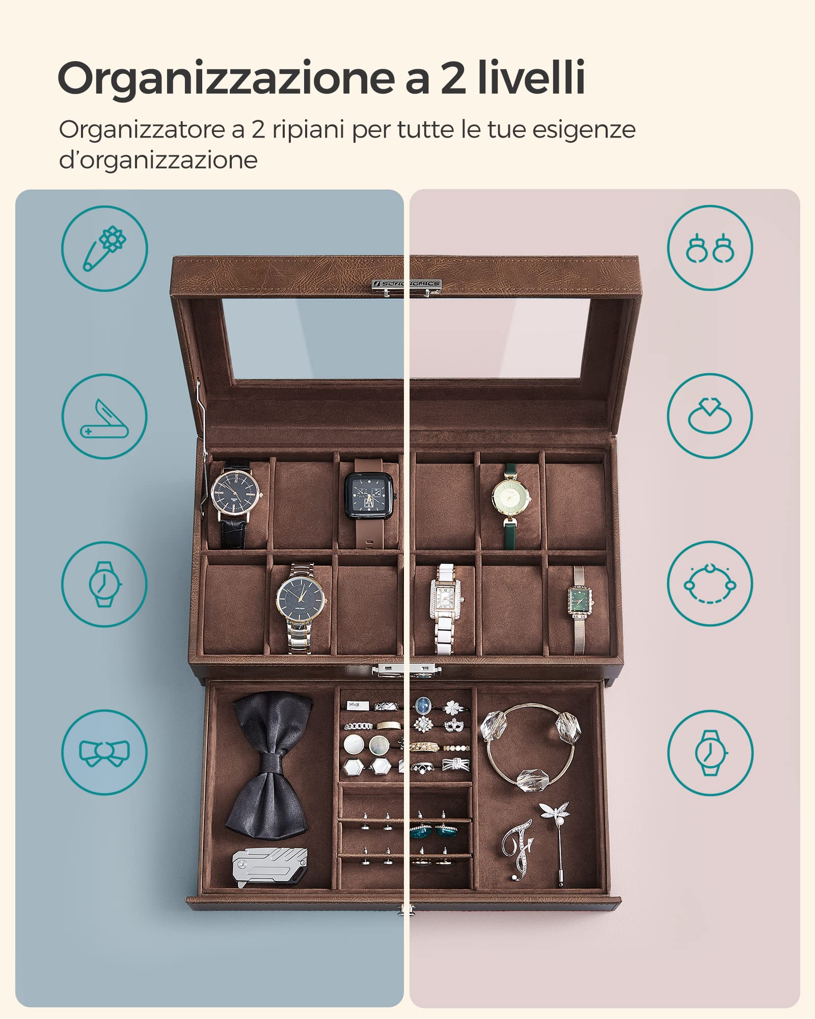 SONGMICS Porta Orologi a 12 Posti, Scatola Portaorologi a 2 Livelli, Coperchio in Vetro, Chiusura, Cassetto, Idea Regalo, Superficie in PU Marrone, Interno Marrone JWB012K01