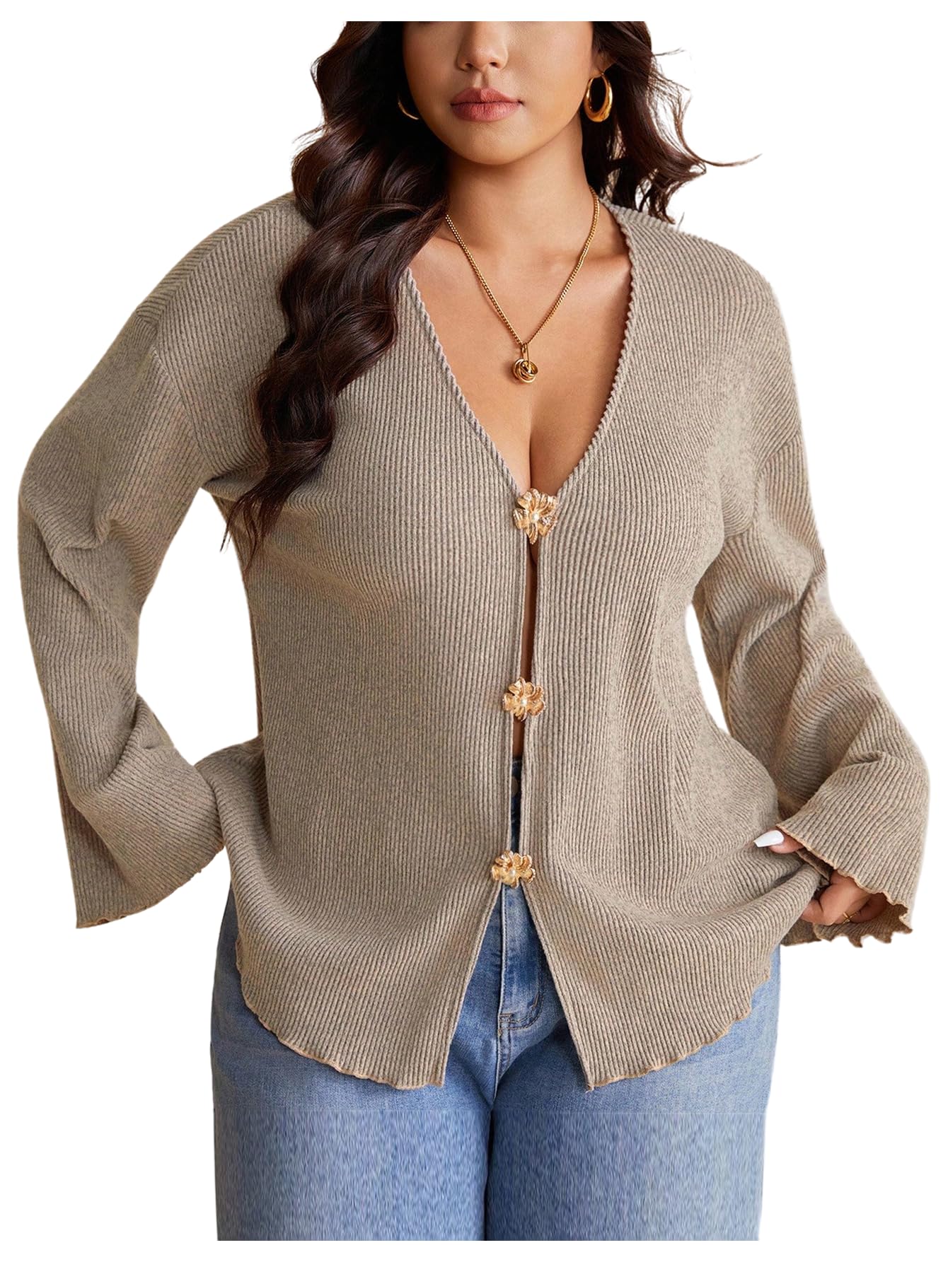 SOLY HUX Womens Plus Size Cardigan Sweater V Neck Long Sleeve Knit Tops Casual Fall Clothes