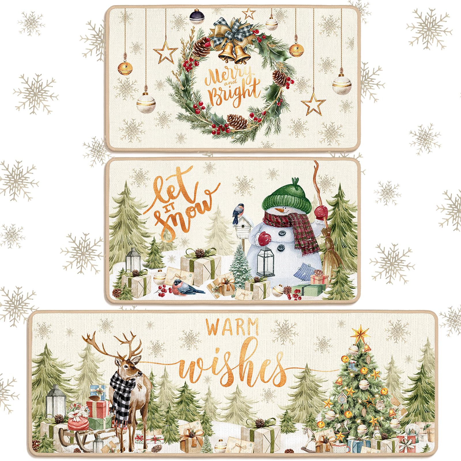 Drydiet 3 Pcs Christmas Kitchen Rugs and Mats Set Winter Farmhouse Non Slip Runner Rug Christmas Tree Snowman Waterproof Floor Mat for Xmas Winter