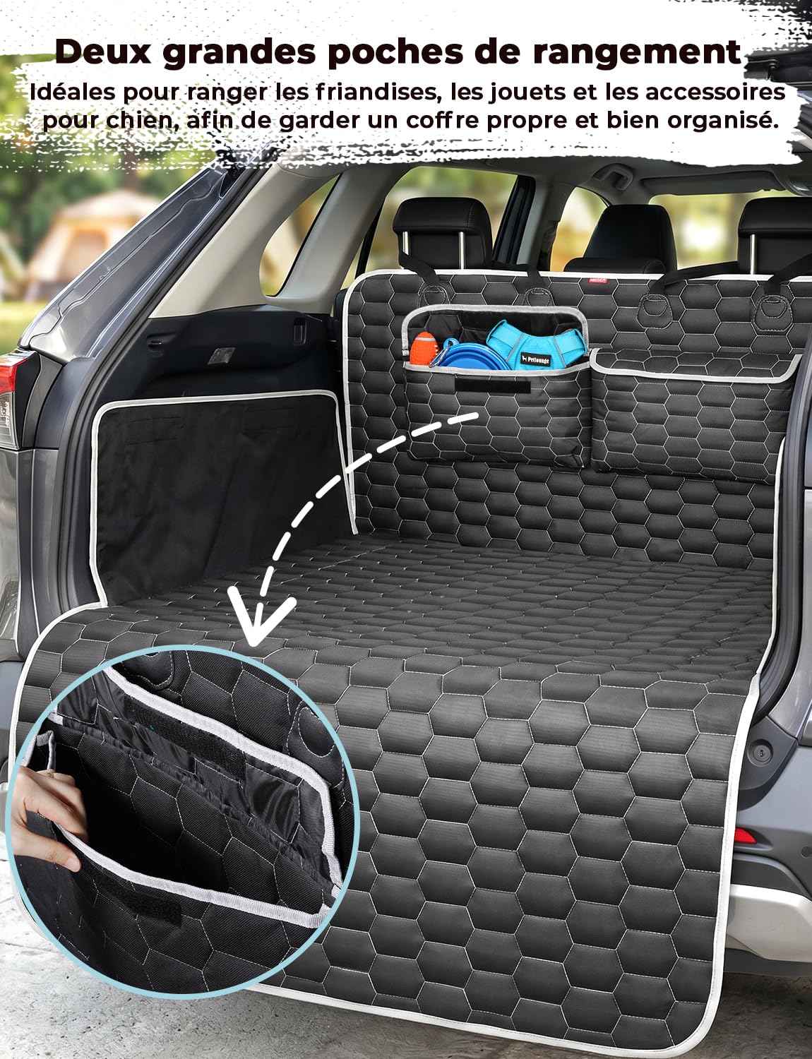Oasser Protection Coffre Voiture Chien Housse de Protection Couverture de Coffre Imperméable et Antidérapant, 2 Grandes Poches, 185 x 102cm