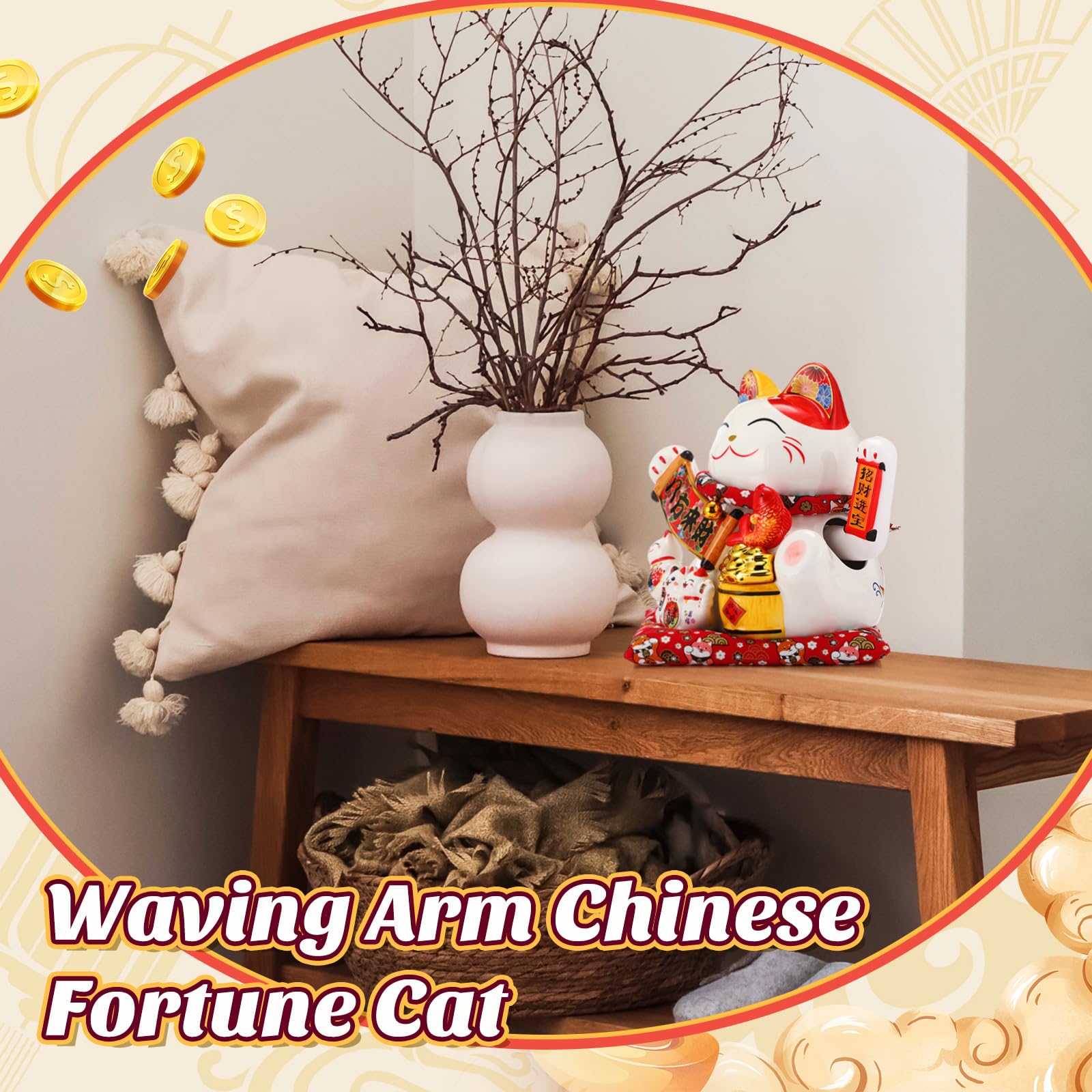 Wesiti 38 cm chiński szczęśliwy kot macha ramię duże ceramiczne maneki neko Feng Shui pieniądze fortuna kot prezent dekoracje do sklepów, restauracji, salonu, bogactwo ze wszystkich kierunków, bateria