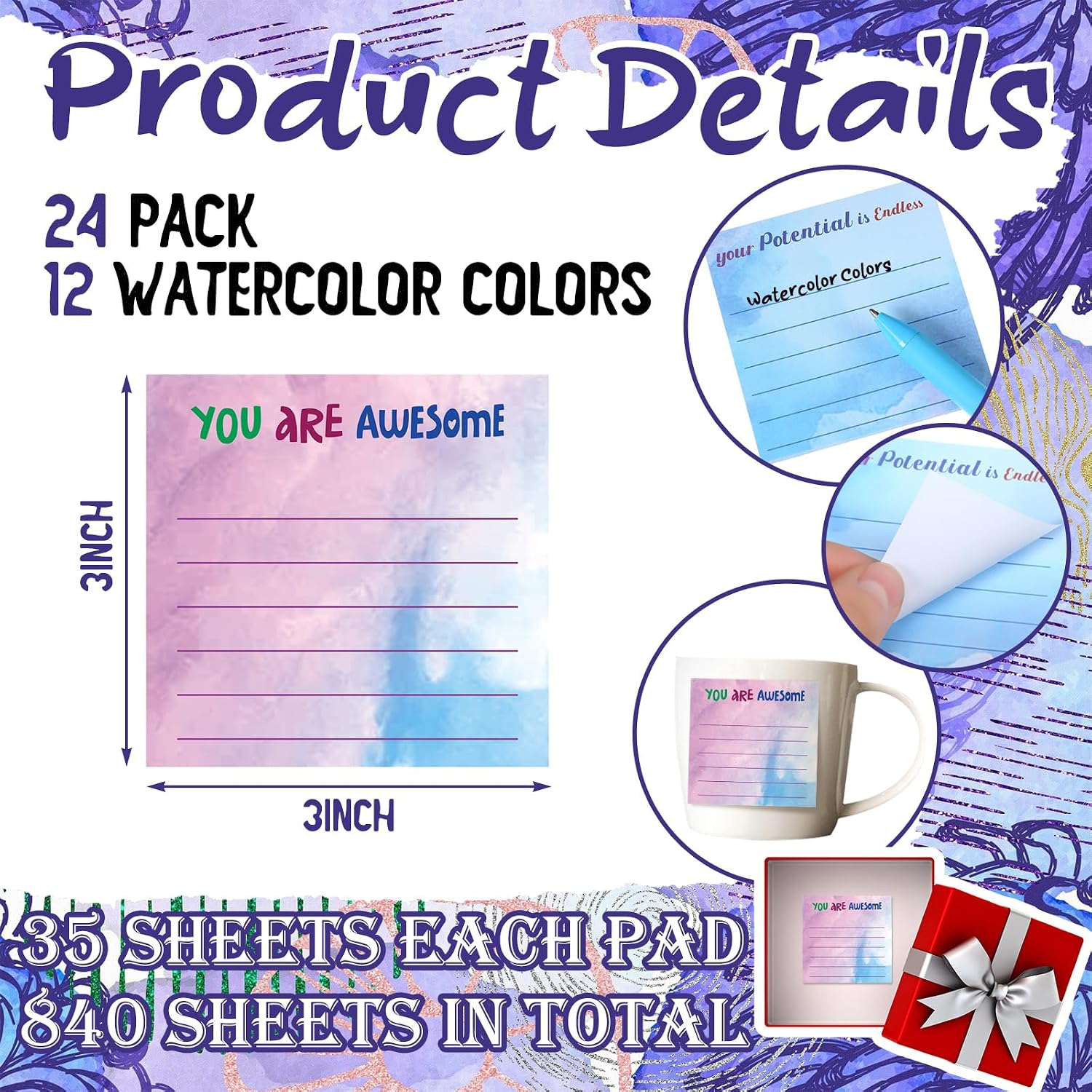 Yinder 24 Pcs Inspirational Sticky Notes Gifts, Appreciation, Watercolor image 2