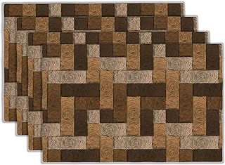 Chocolate Parquet Placemats Set of 4 Wooden Style Geometric Design Linen Washable Place Mats Rectangular Cloth Table Mat for Party Kitchen Dining Decoration Indoor Outdoor, 12x18 inch