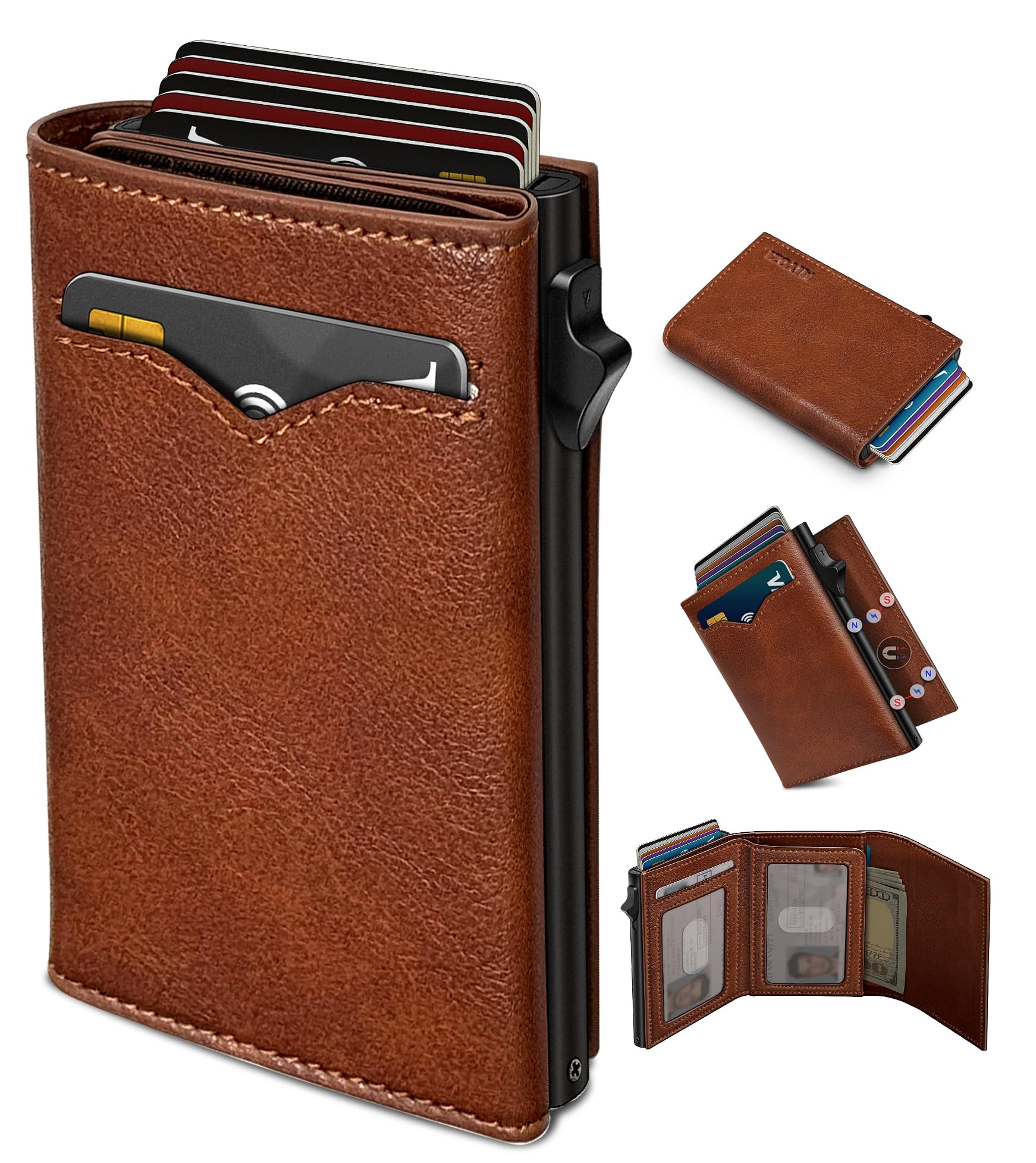 Wallet for Men,with Cash Pocket 2 ID Window 9-13 Cards,Metal Case Smart Slim Pop Up Credit Card Holder Flip with Magnetic Closure RFID Blocking Trifold wallet with Gift Box