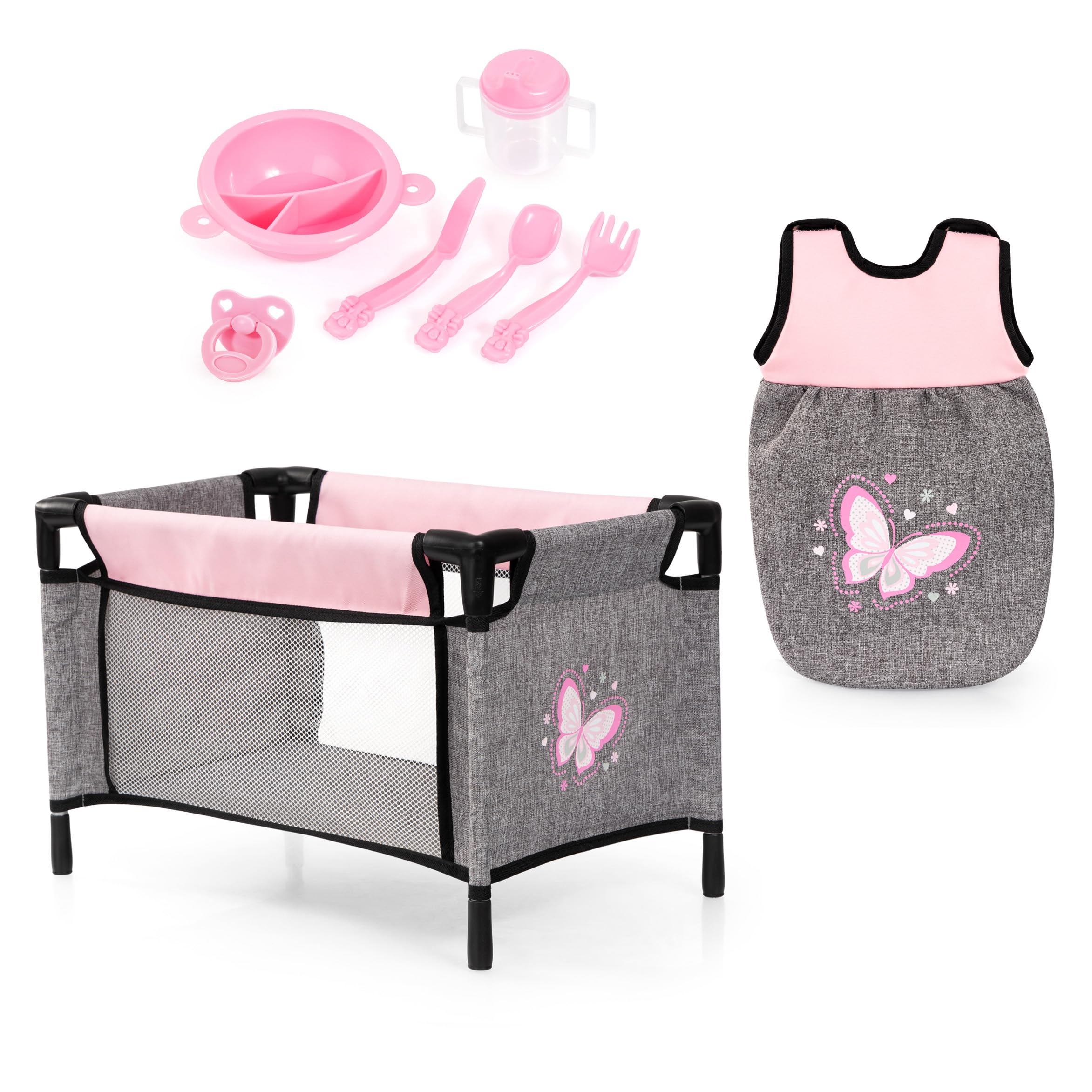 Bayer Design 61733AE Puppenbett Set mit Schlafsack, Puppenzubehör - für Mädchen und Jungen - ab 3 Jahren, Jeans-grau, Rosa