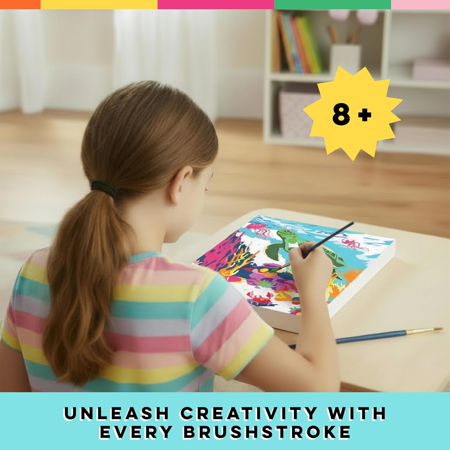 Bright Stripes iHeartArt Paint by Numbers Kit for Kids Ages 6+ | Amazing Ocean Theme | Art Set with Framed Canvas, 16 Paints & 2 Brushes | DIY Painting Activity Gift for Beginners and Young Artists