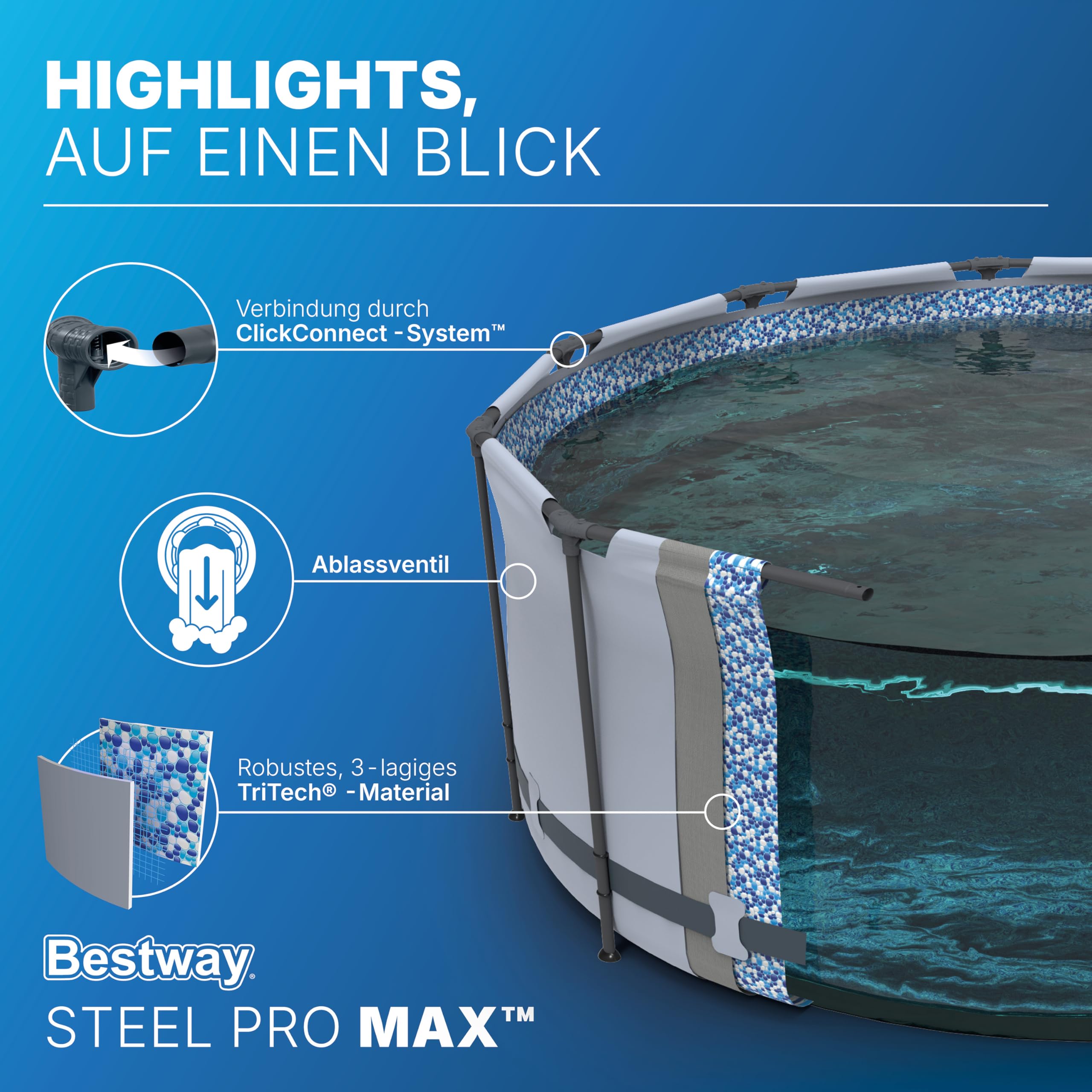 Bestway Steel Pro MAX Frame Pool Komplett-Set mit Filterpumpe Ø 549 x 122 cm, lichtgrau, rund
