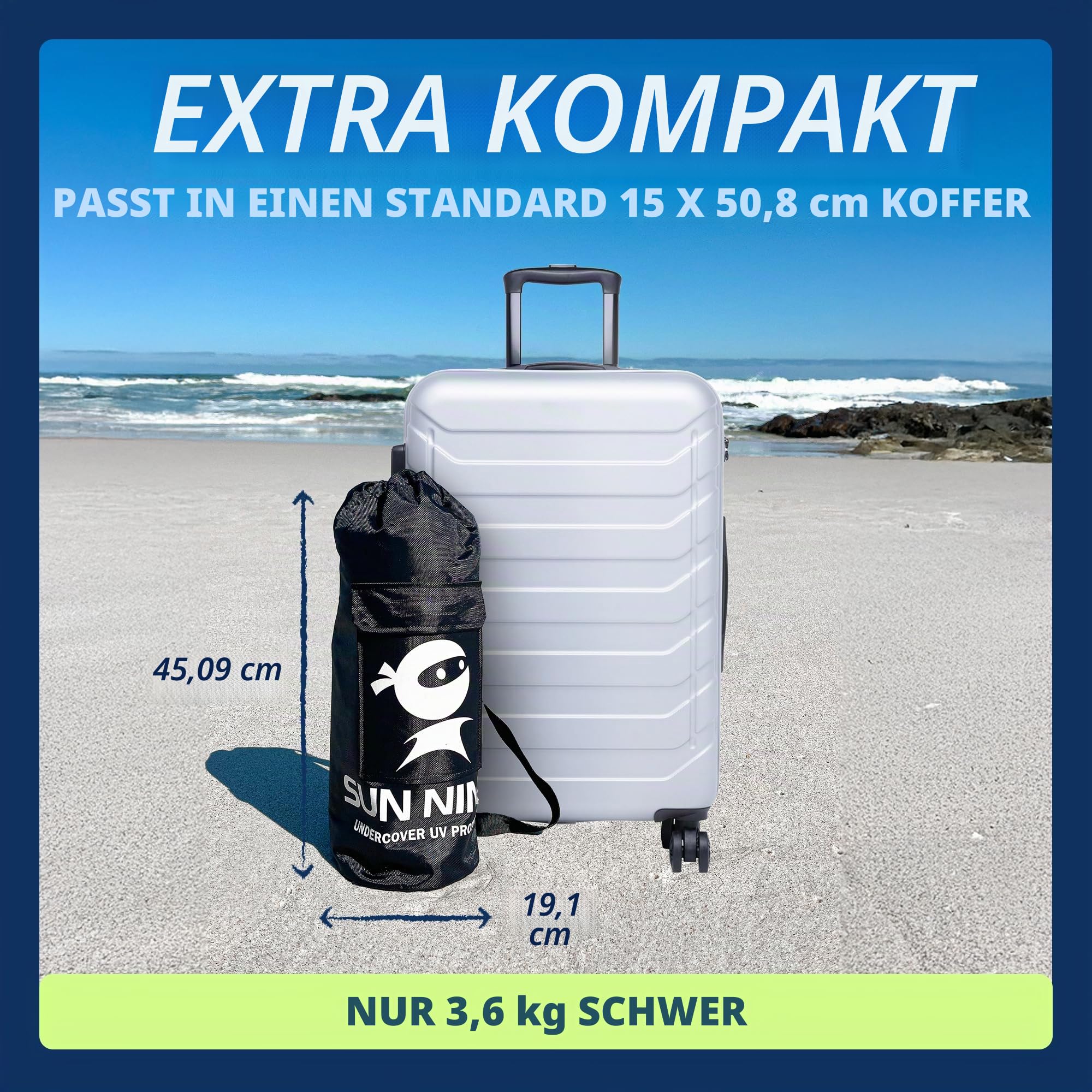 SUN NINJA Strandzelt, Sonnensegel LSF 50+, mit Sandschaufel, Heringen und Stabilitätsstangen, Schattensegel für draußen für Campingausflüge, Angeln, Spaß im Garten oder Picknicks