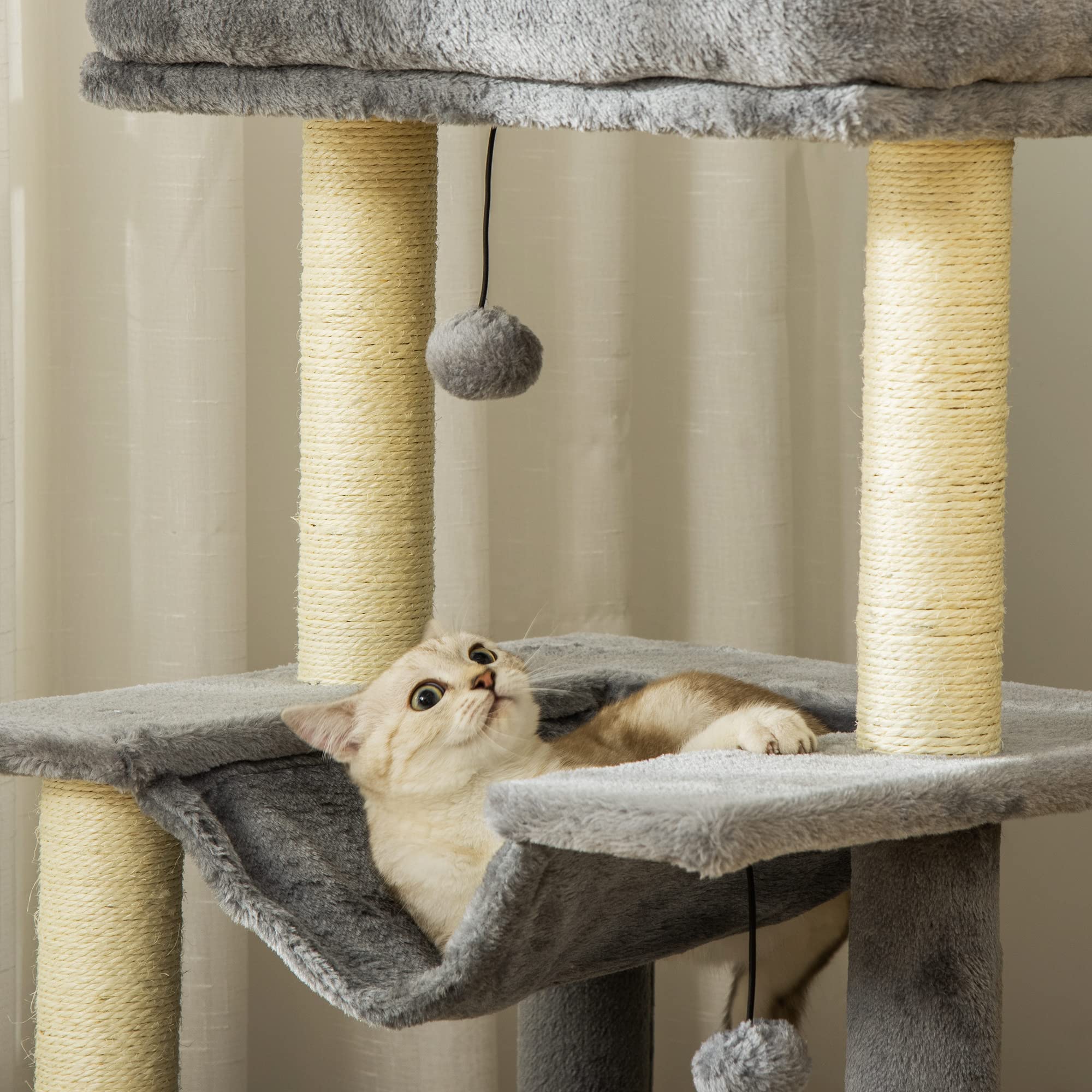 PawHut Albero Tiragraffi per Gatti Adulti, Graffiatoio Castello per Gatti con in Corda Sisal, Casetta, Cuscino e Amaca, 2 Palline, Rivestimento in Peluche e Feltro, Altezza 90cm, Grigio