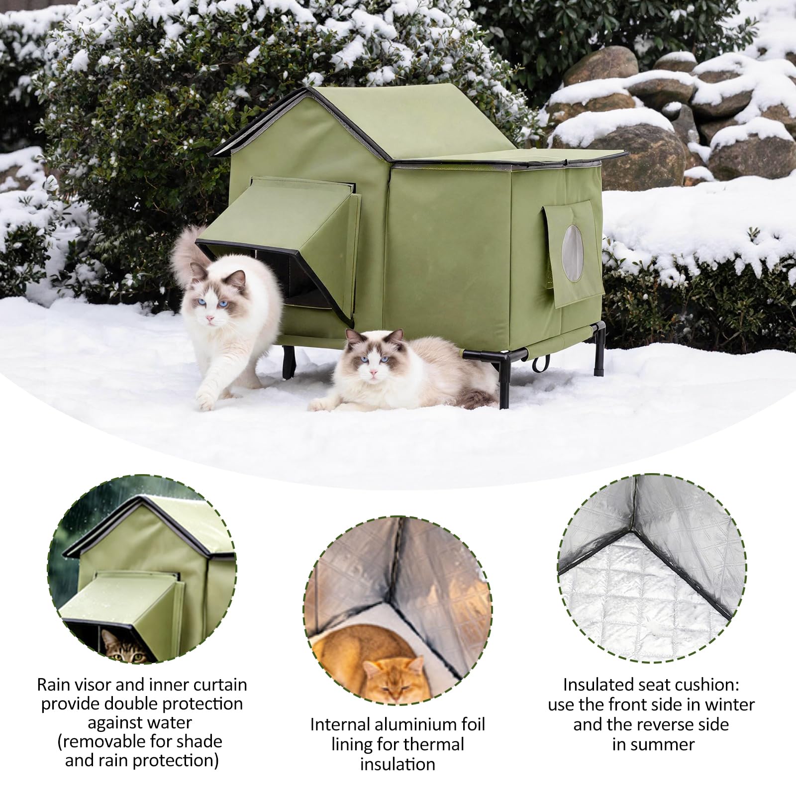 Casetta per gatti per esterni, resistente all'inverno, antipioggia, antivento e termoisolante, con morbida imbottitura e base, facile da pulire e riporre, ideale come cuccia invernale per gatti, verde