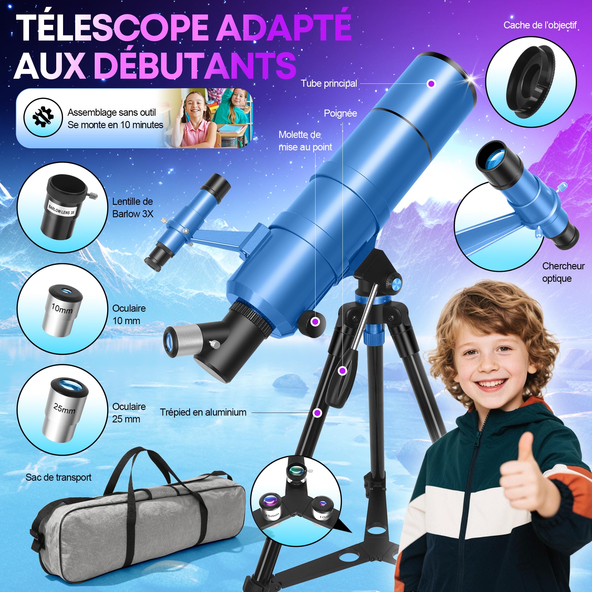 UncleHu Télescope 90/550mm pour Adultes et Enfants avec Tabouret Pliant | Optique FMC, 22–165×, Télescope Réfracteur Astronomique avec Trépied&Adaptateur Smartphone&Sac, Observation Terrestre&Lunaire