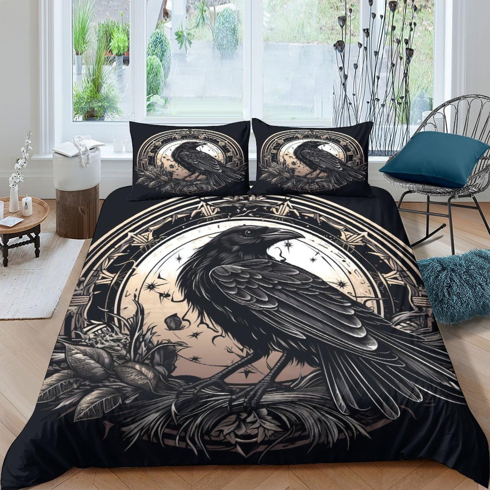 Housses de couettes corbeau noir lit double 200x200 parure de lit microfibre 3 pièces