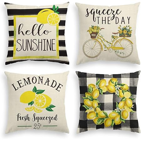 Amazon Com Avoin Watercolor Stripes Hello Sunshine Throw Pillow Cover 18 X 18 Inch Buffalo Plaid Lemon Wreath Bicycle Squeeze The Day Cushion Case For Sofa Couch Set Of 4 Home Kitchen