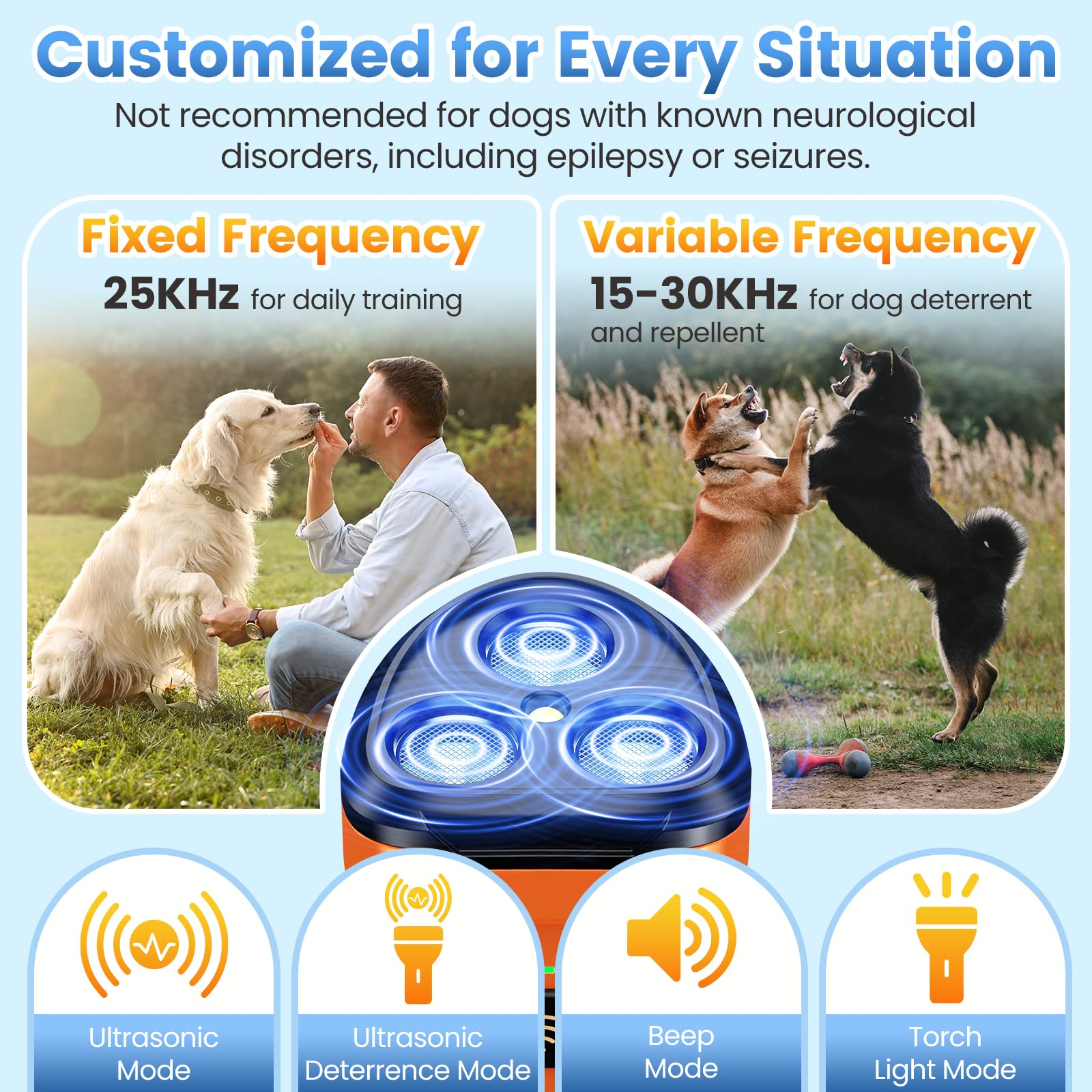 Dog Bark Deterrent Device 3X Anti Barking Device for Dogs, 5 Modes Stop Neighbors Dog Barks No More Safe for All Dogs 50FT Bark Control Indoor Outdoor with Flashlight,Rechargeable Training Device
