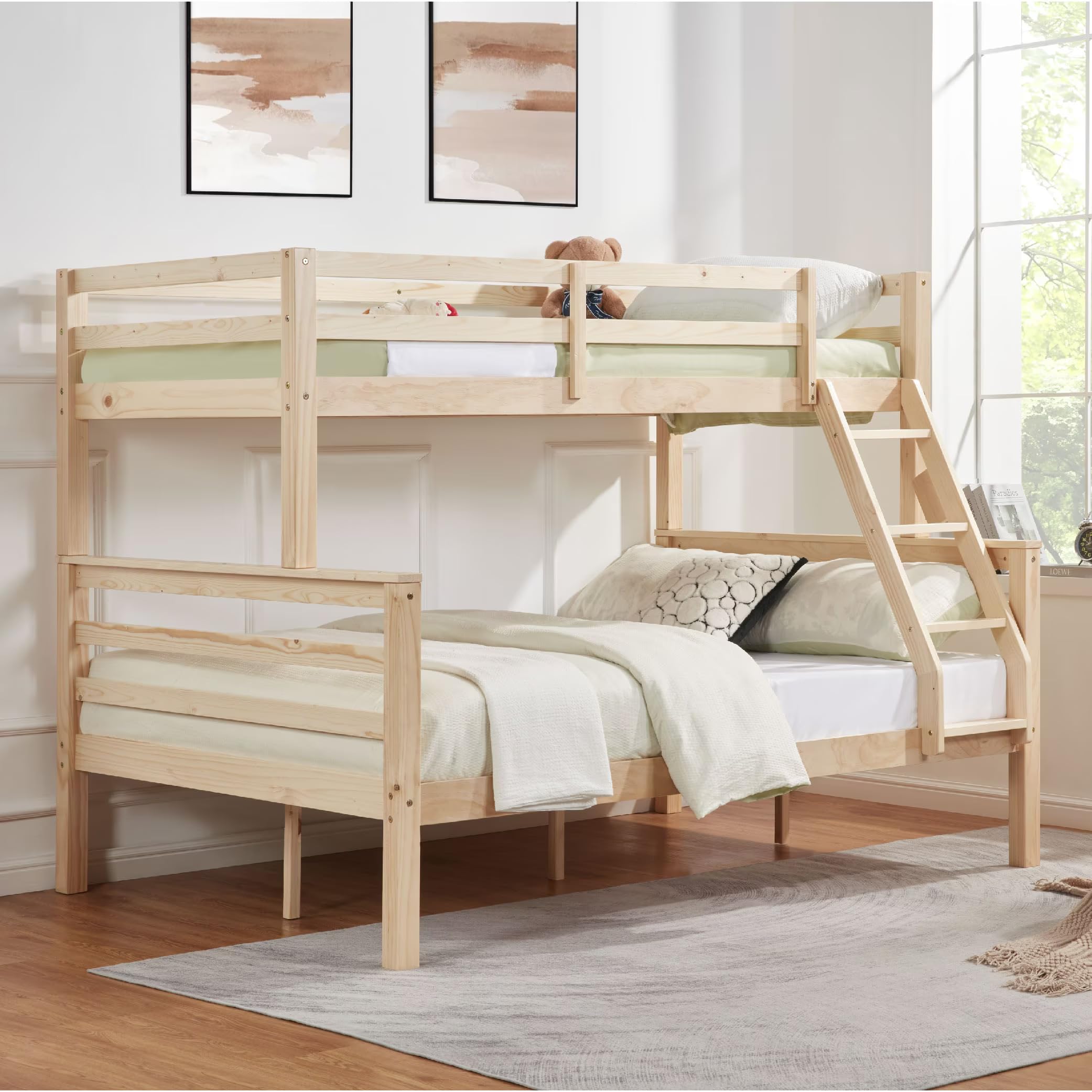 RocFath Twin Over Full Bunk Bed with Thick Posts - Solid Wood Bunk Bed with Upper Guardrail & Ladder, No Box Spring Needed, 400 lb Capacity for Kids,