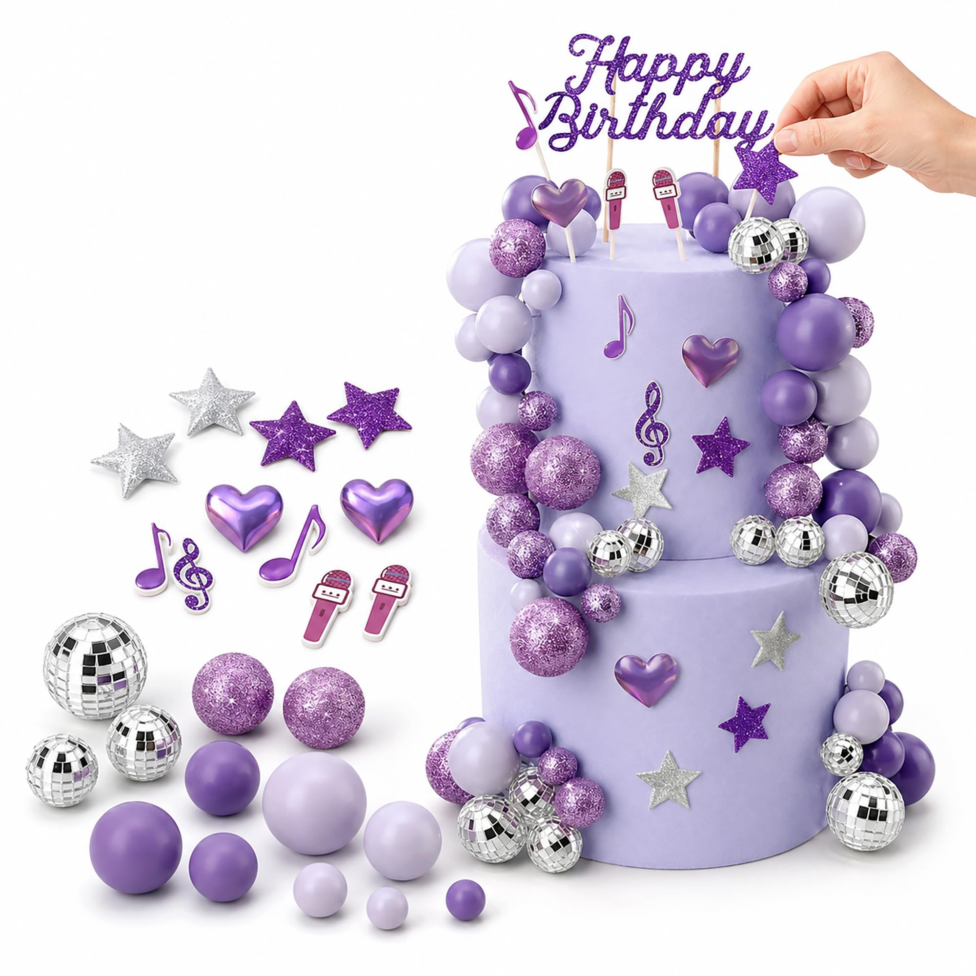 Purple Happy Birthday Cake Toppers, Music Disco Cake Decorations 32 Pcs
