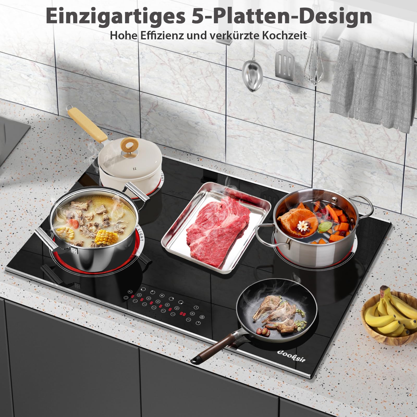 Płyta witroceramiczna z 5 palnikami, ciepła na podczerwień, 8400 W, 77 cm, do zabudowy elektrycznej płyty kuchennej, strefa owalna do grillowania, szkło ceramiczne, timer, 220 V, 50 Hz