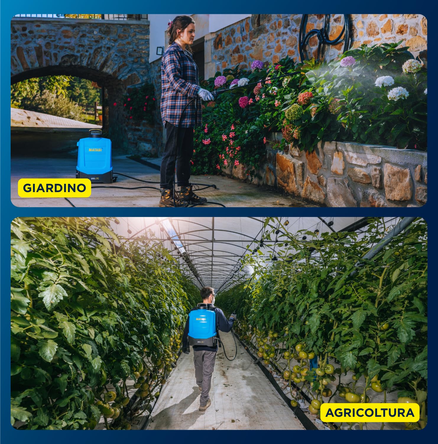 Matabi e15LTC Pompa Irroratrice a Batteria 15 L - Batteria 20 V - 4 Ugelli | Atomizzatore 2 modalità di spruzzo uniforme - batteria per 25 serbatoi - per agricoltura, orti e giardinaggio professionale
