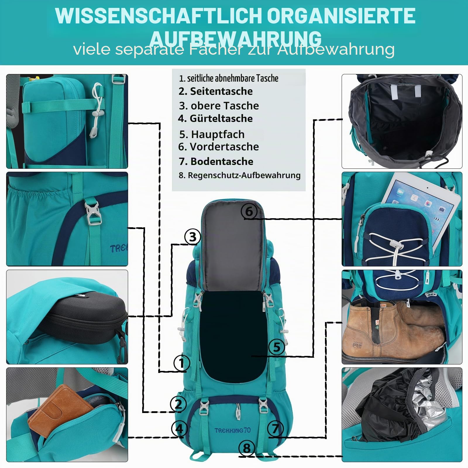 Bseash 70L (65+5) Wasserdichter Wanderrucksack mit Regenschutz, Outdoor-Sport, Reisen, Tagesrucksack für Klettern, Touren (Schwarz)