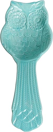MyGift Soporte de cuchara de cerámica azul aguamarina con diseño de búho, cuchara de cocina para encimera y soporte para cucharón