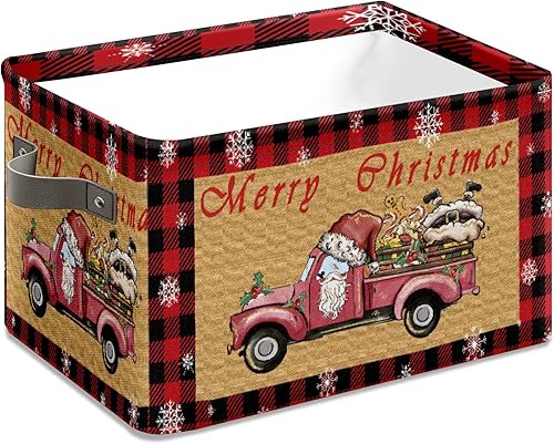 Andemie Cesta de almacenamiento plegable para camión roja con asas, 10 x 14 x 8 pulgadas, copos de nieve, decoración de camión rojo, a cuadros, caja