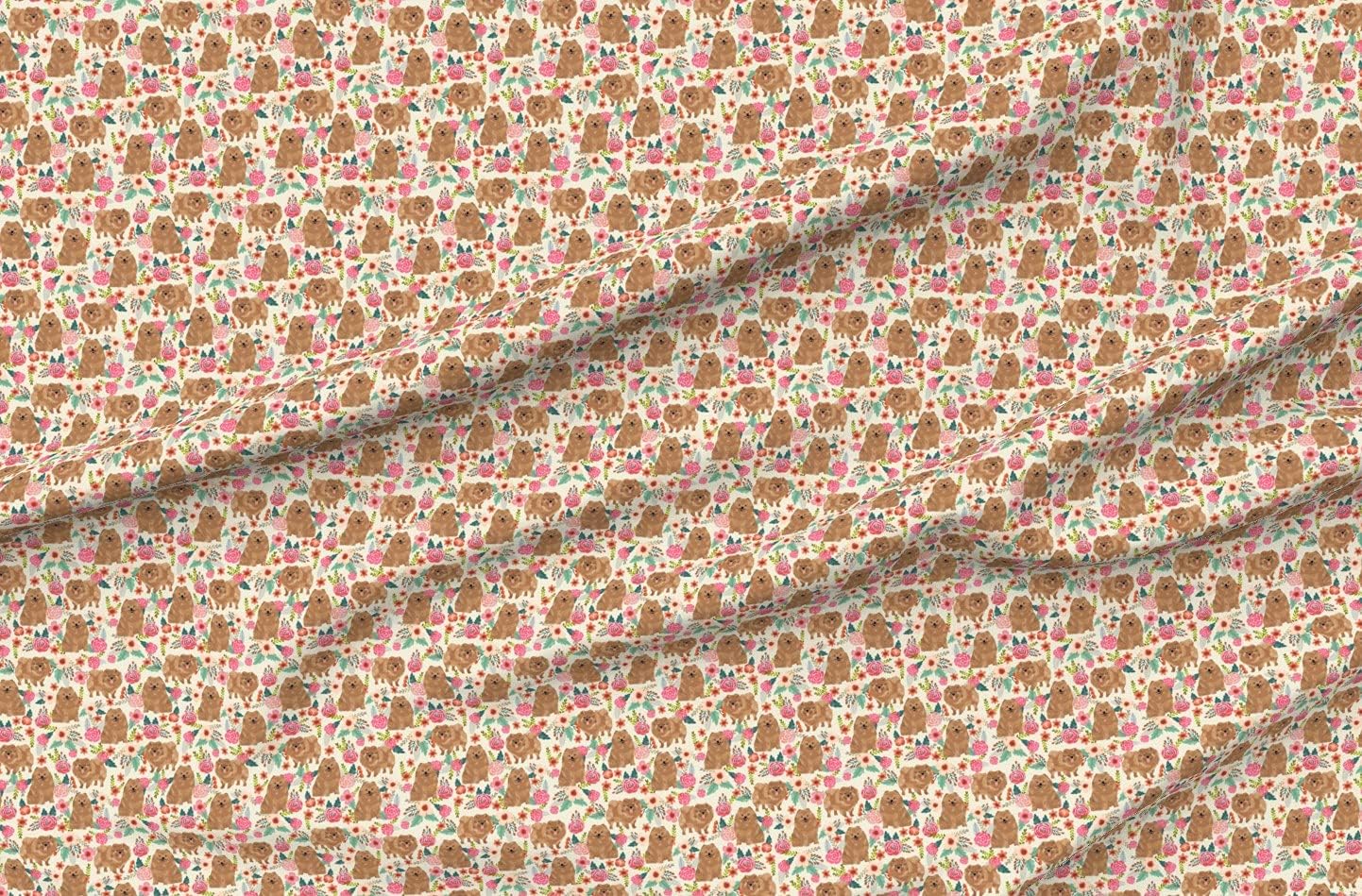 Spoonflower Fabric - Pomeranian Cute Dogs Sweet Florals Pomeranians Flowers Printed on Organic Cotton Sateen Fabric by The Yard - Sewing Quilting Apparel Home Decor