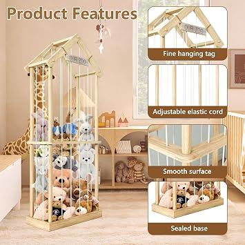 Stuffed Animal Storage Cage, Large Solid Wood Soft Toy Organizer with Zoo Plaque, 154 * 32 * 58cm, Cuddly Toy Storage for Nursery Playroom Bedroom