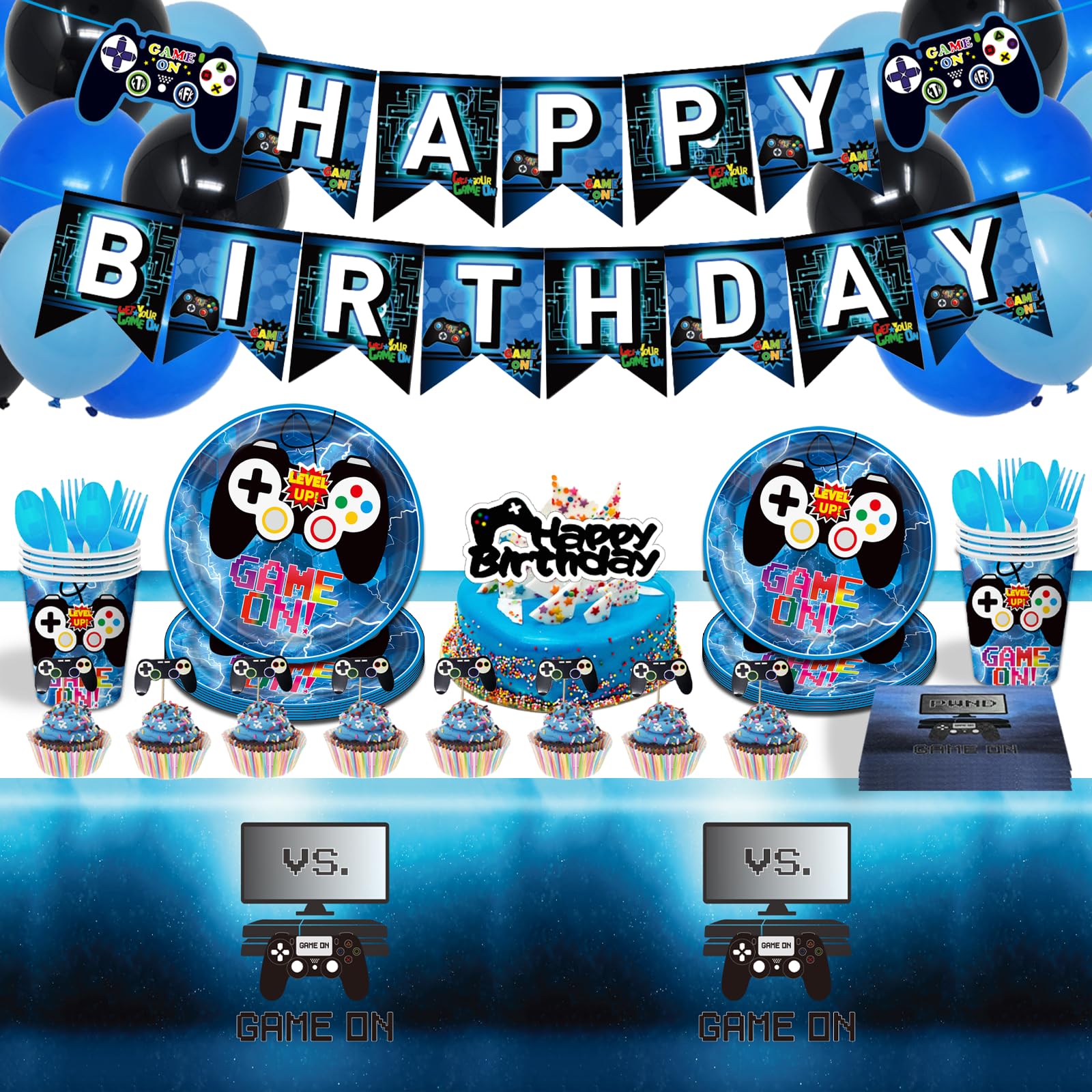 Sekeline Video Game Party Decorations Game On Birthday Party Supplies Paper Plate, Napkins Cups, Happy Birthday Banner, Cake Toppers, Balloons,