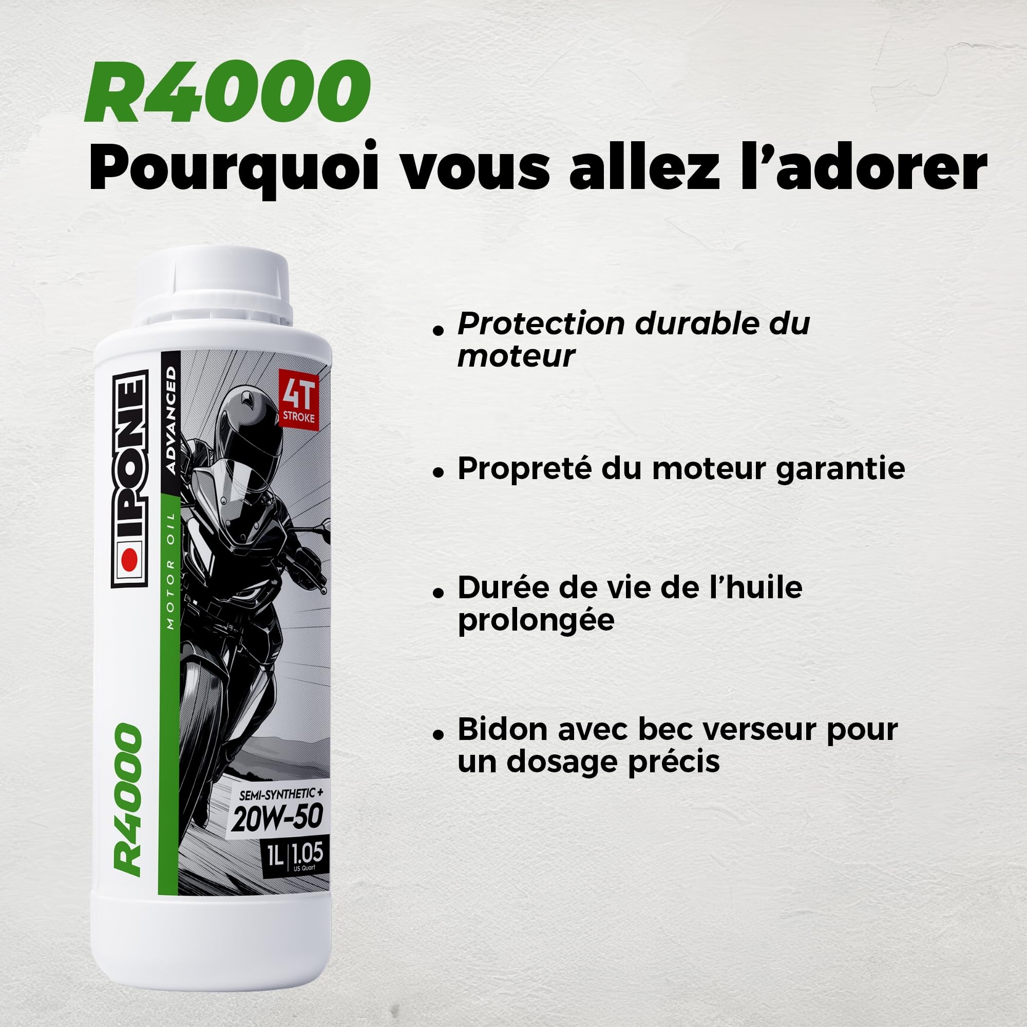 IPONE – Huile Moteur Moto 4 Temps 20W50 R4000 – Bidon 4 Litres - Semi-Synthétique+ - Gamme Advanced - Protection durable du moteur - Durée de vie de l'huile prolongée - Propreté du moteur garantie